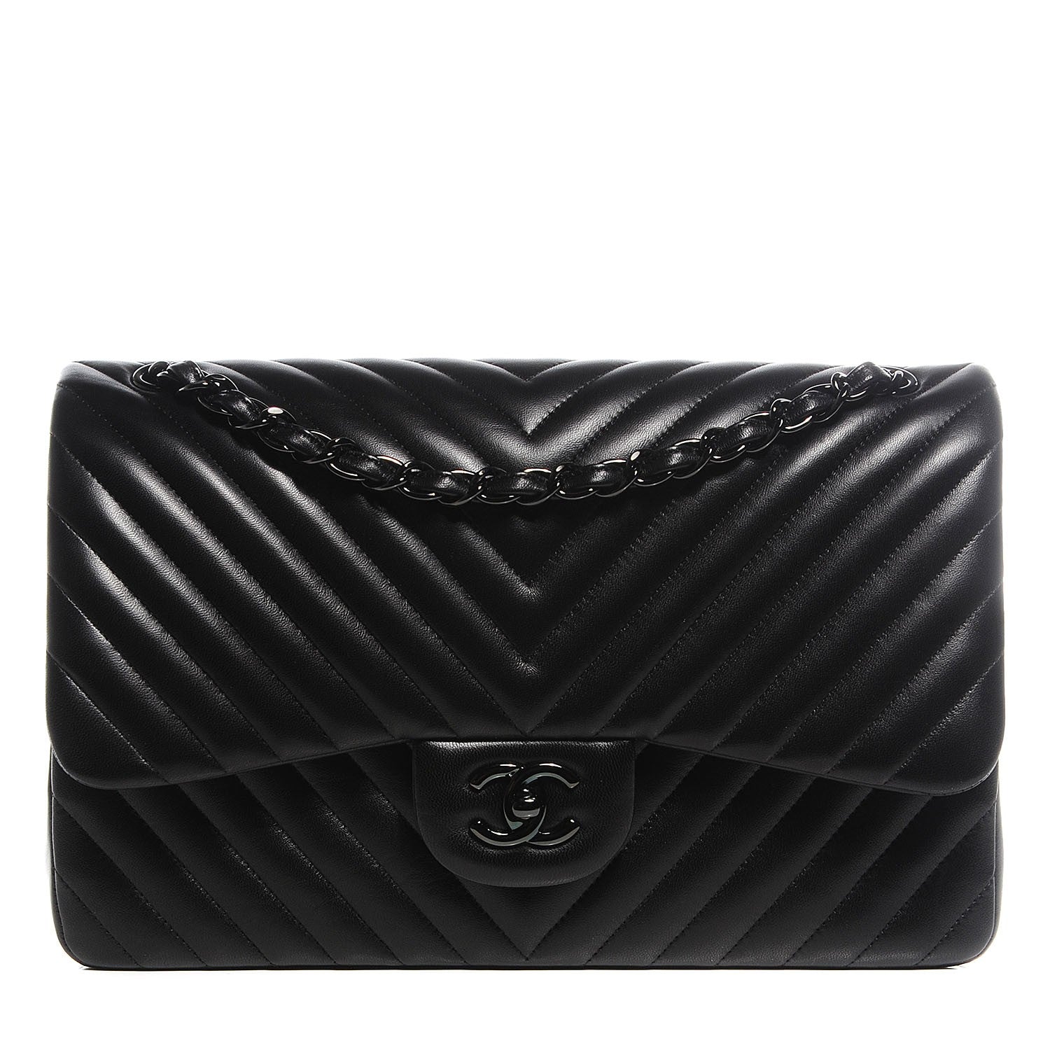 Chanel Lambskin Chevron Quilted Jumbo Double Flap So Black 1 of 9