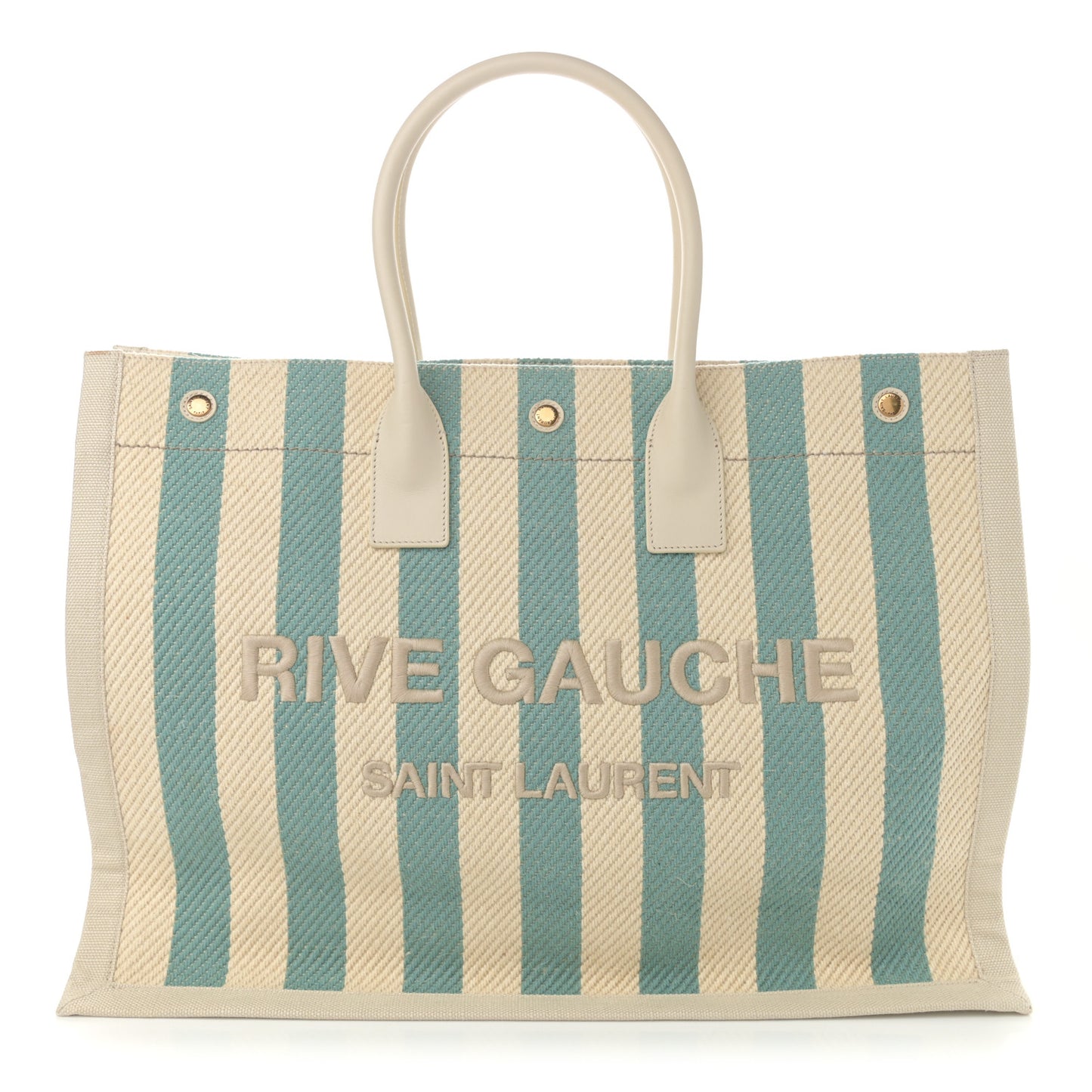 Cotton Linen Calfskin Striped Rive Gauche Tote Water Green