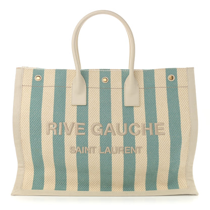 Saint Laurent Cotton Linen Calfskin Striped Rive Gauche Tote Water Green 1 of 11