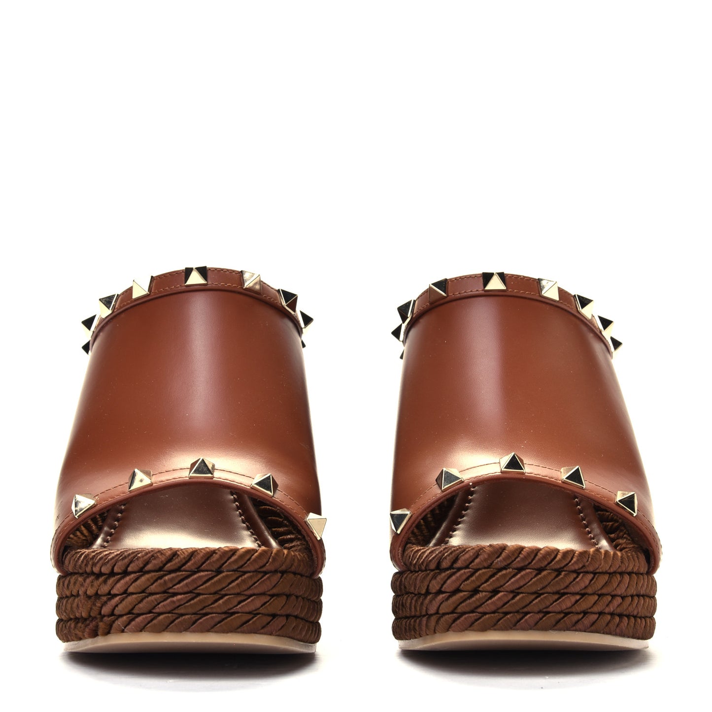 Calfskin Silk Rockstud Torchon Espadrille Wedge 25/115mm Slide Sandals 39 Saddle Brown