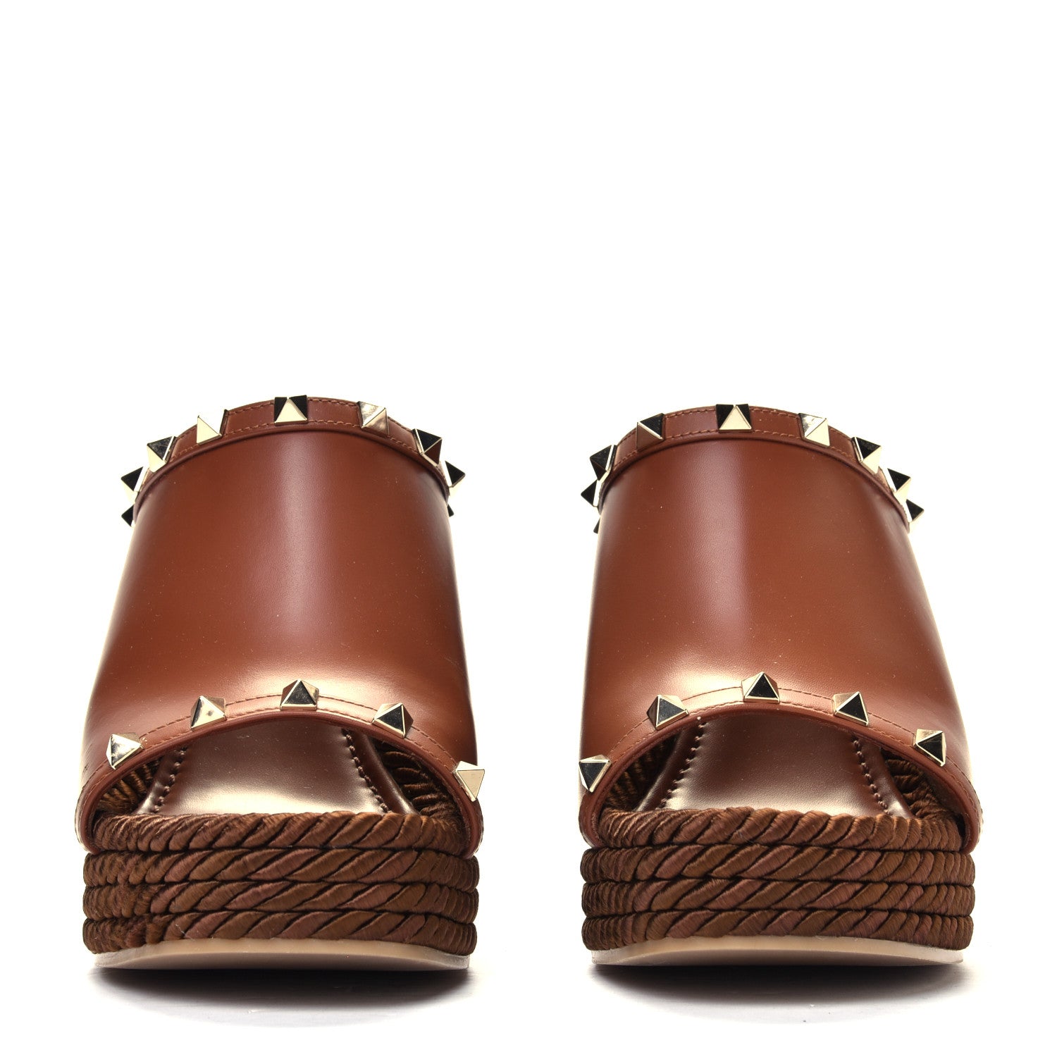 Valentino Garavani Calfskin Silk Rockstud Torchon Espadrille Wedge 25/115mm Slide Sandals 39 Saddle Brown 2 of 4