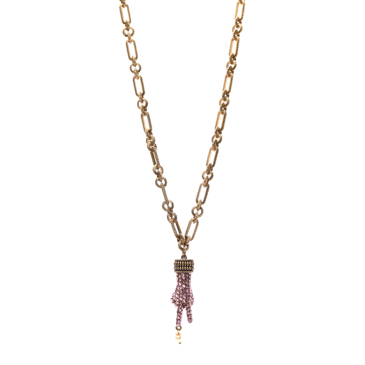 Gucci Crystal Hand Pendant Necklace Pink Aged Gold 1 of 5