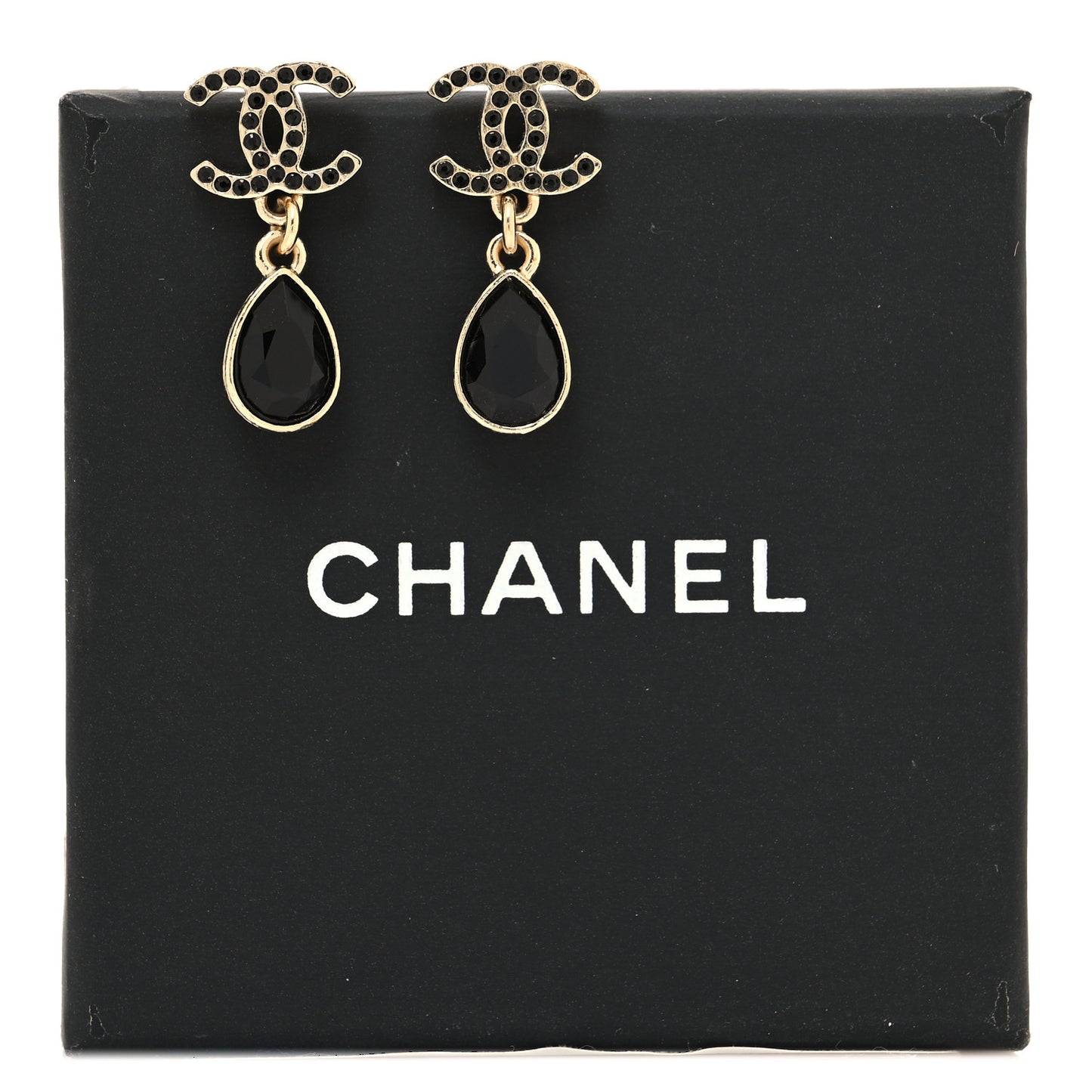 Crystal CC Teardrop Earrings Gold Black