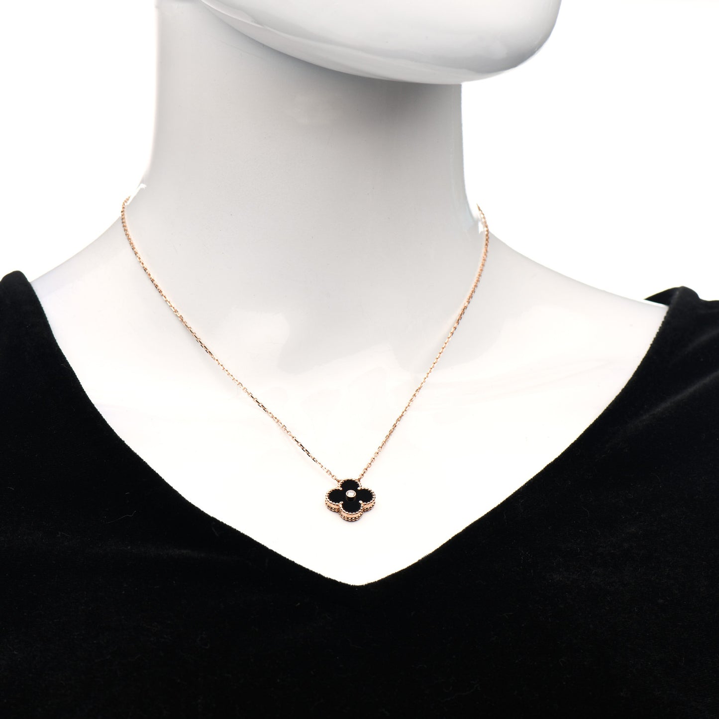 18K Rose Gold Diamond Black Onyx Vintage Alhambra Pendant Necklace