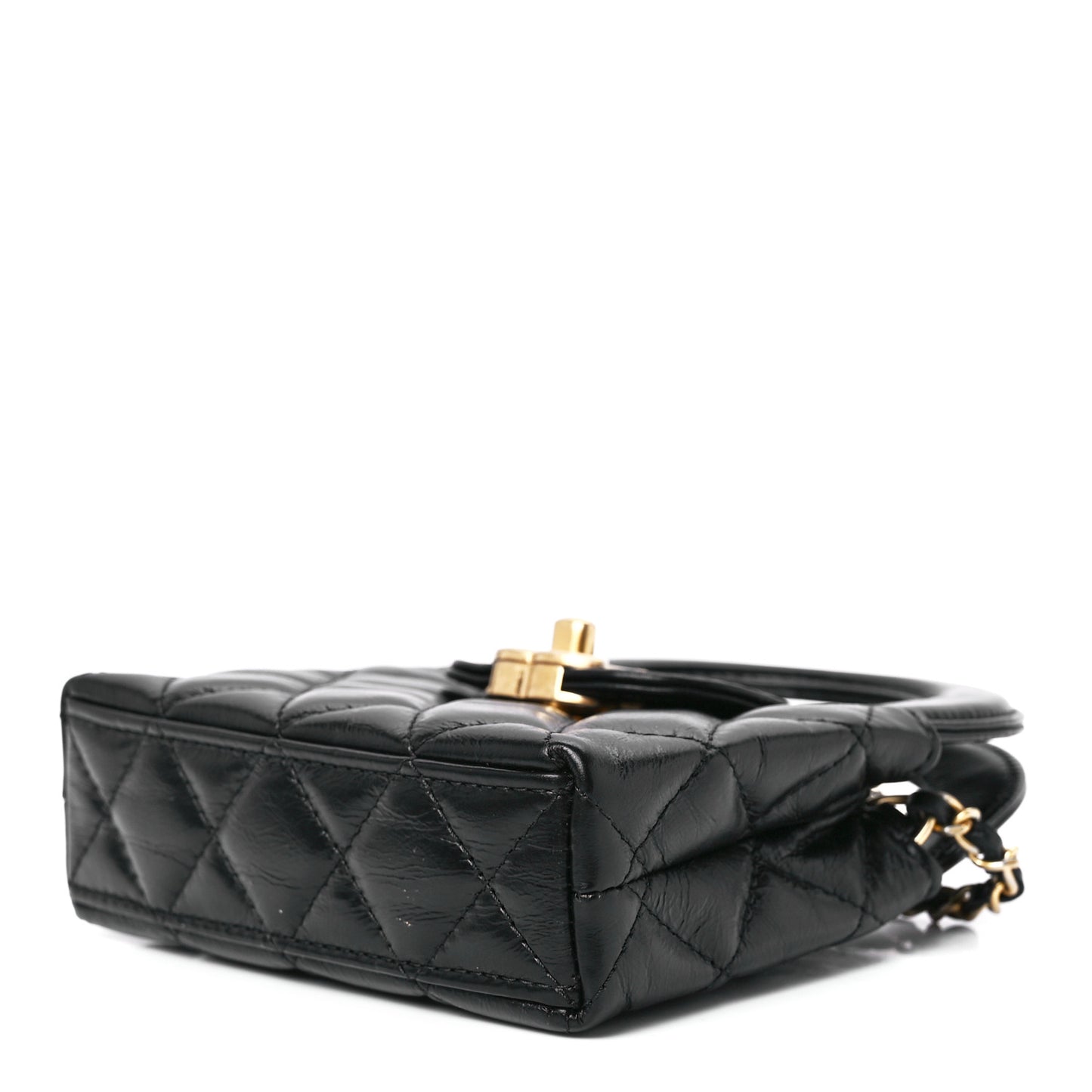 Shiny Aged Calfskin Quilted Mini Nano Kelly Shopper Black