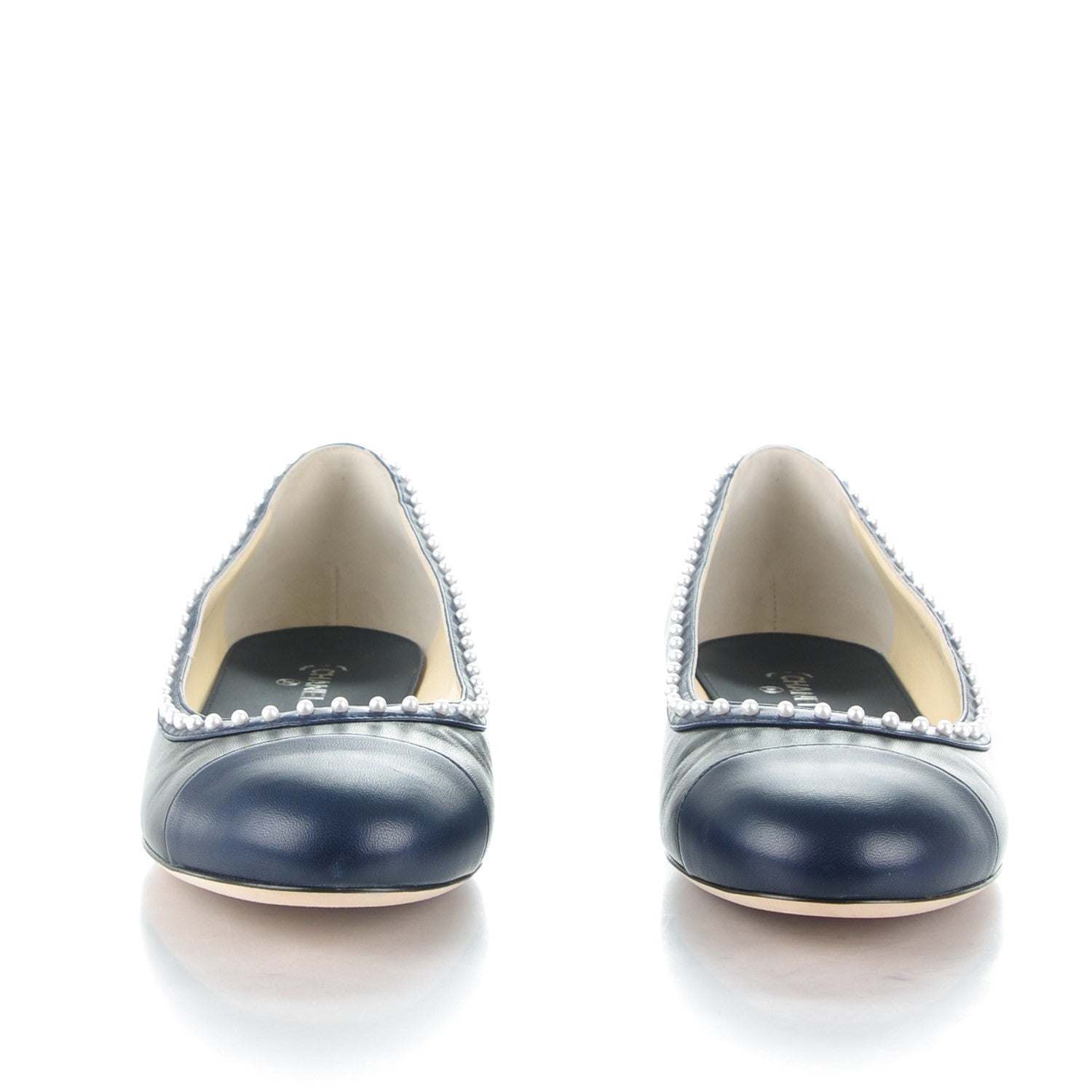 Chanel Lambskin Pearl Cap Toe CC Ballerina Flats 40 Black Navy 2 of 9