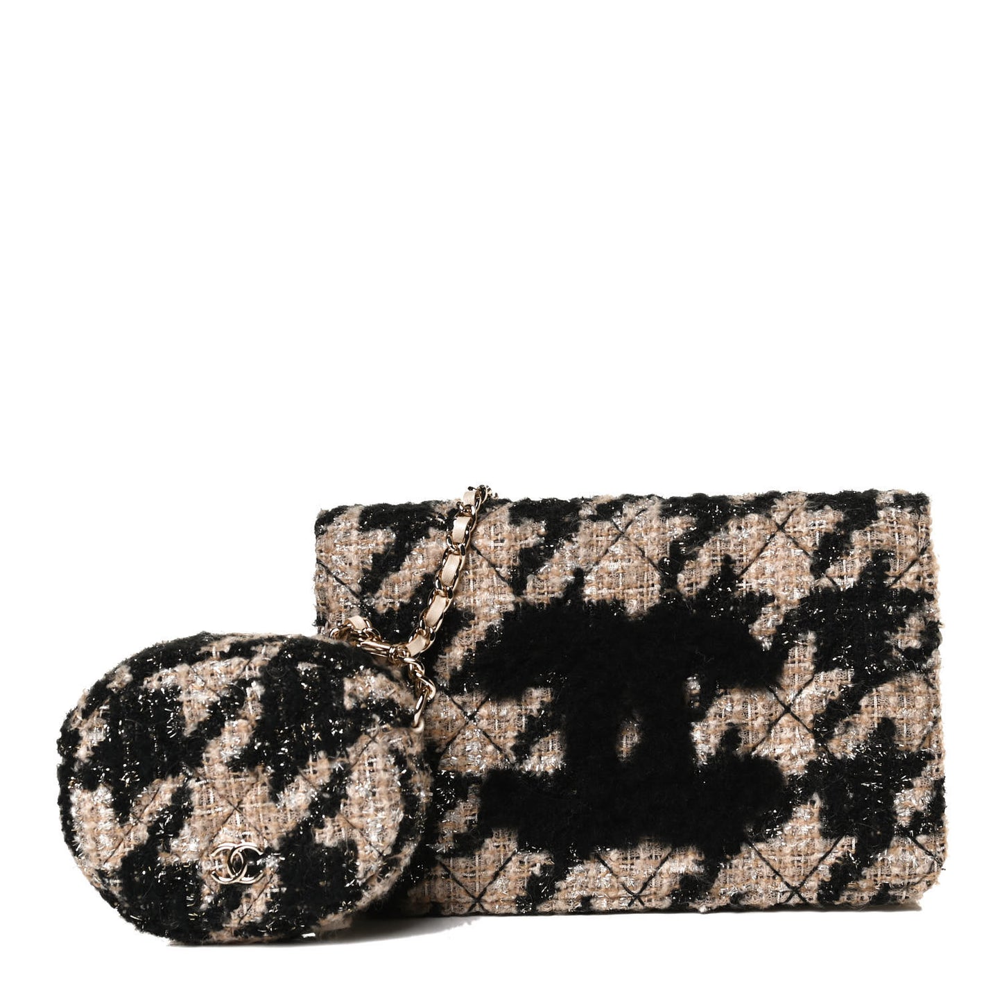 Tweed Shearling Quilted Chanel Wallet On Chain WOC and Coin Purse Beige Black