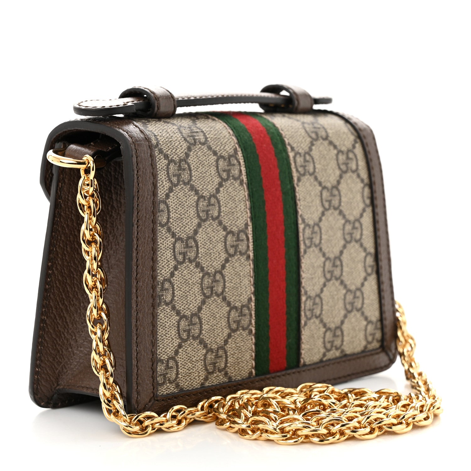 Gucci GG Supreme Monogram Textured Dollar Calfskin Web Mini Ophidia Padlock Top Handle Chain Shoulder Bag Beige Ebony New Acero 3 of 10