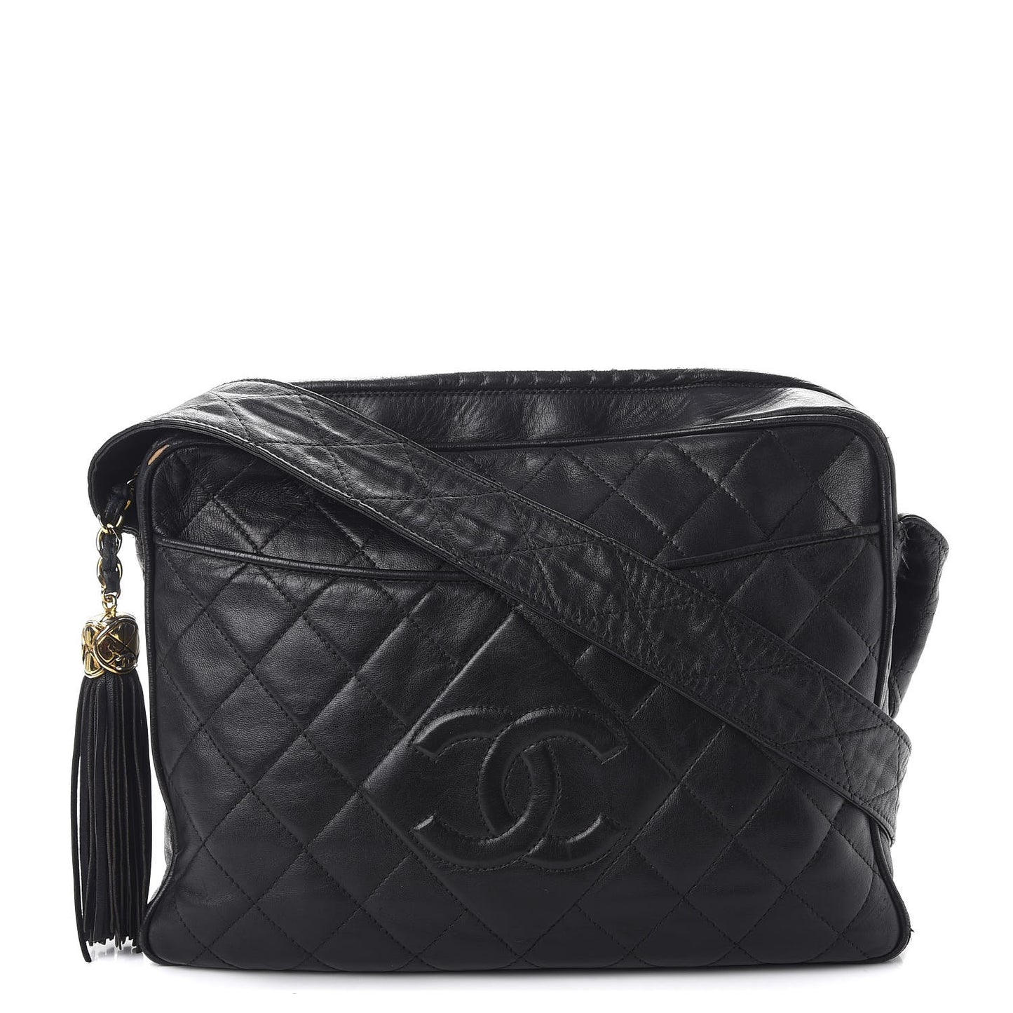 Lambskin Quilted Tassel Camera Case Black