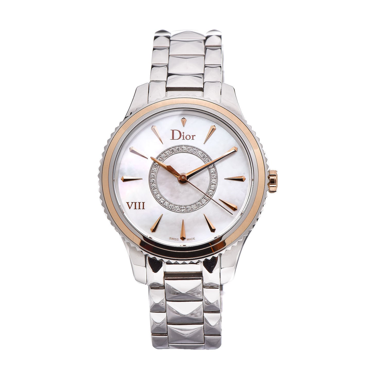 Stainless Steel 18K Rose Gold Diamond Mother of Pearl 32mm Dior VIII Montaigne Quartz Watch