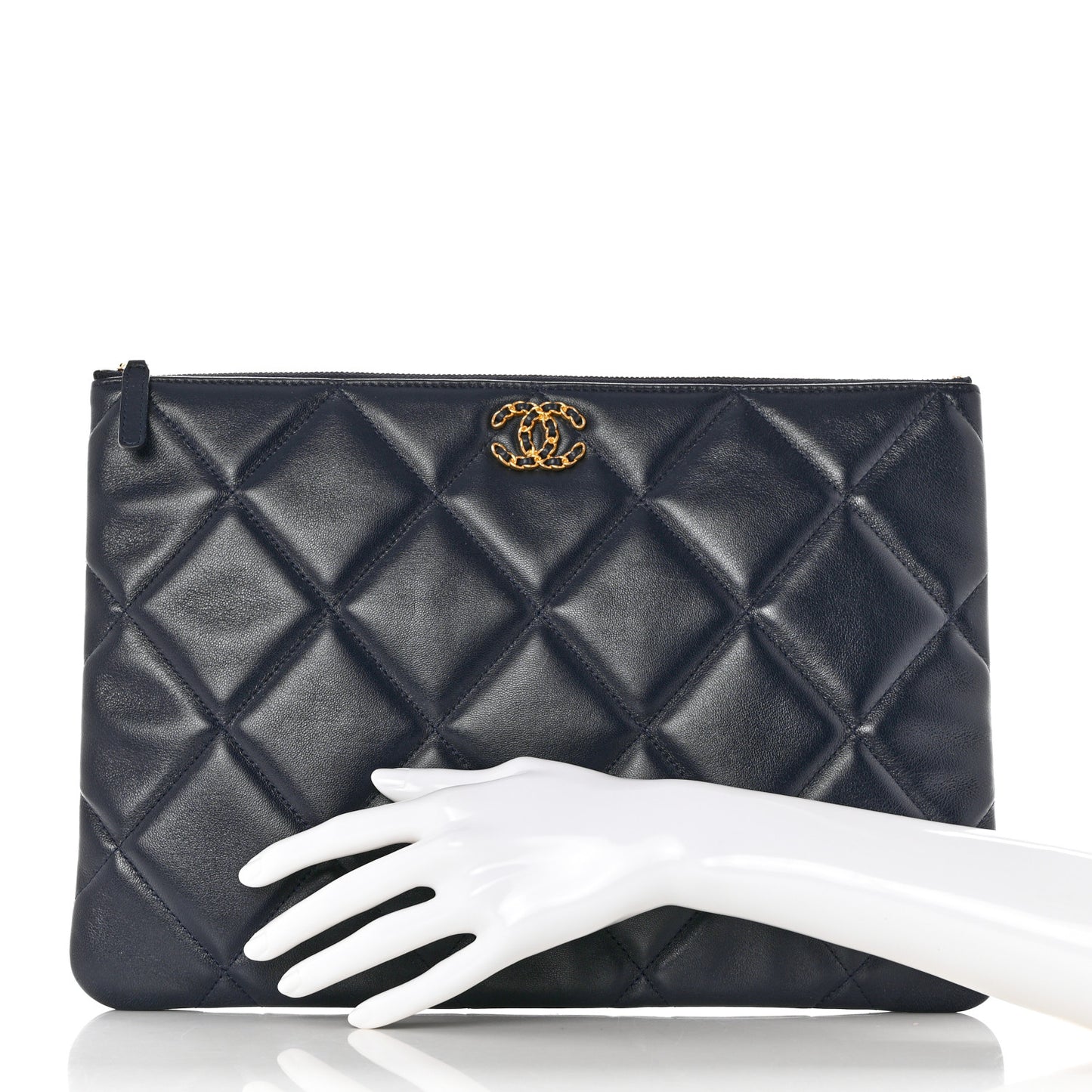 Goatskin Quilted Large Chanel 19 Pouch Navy