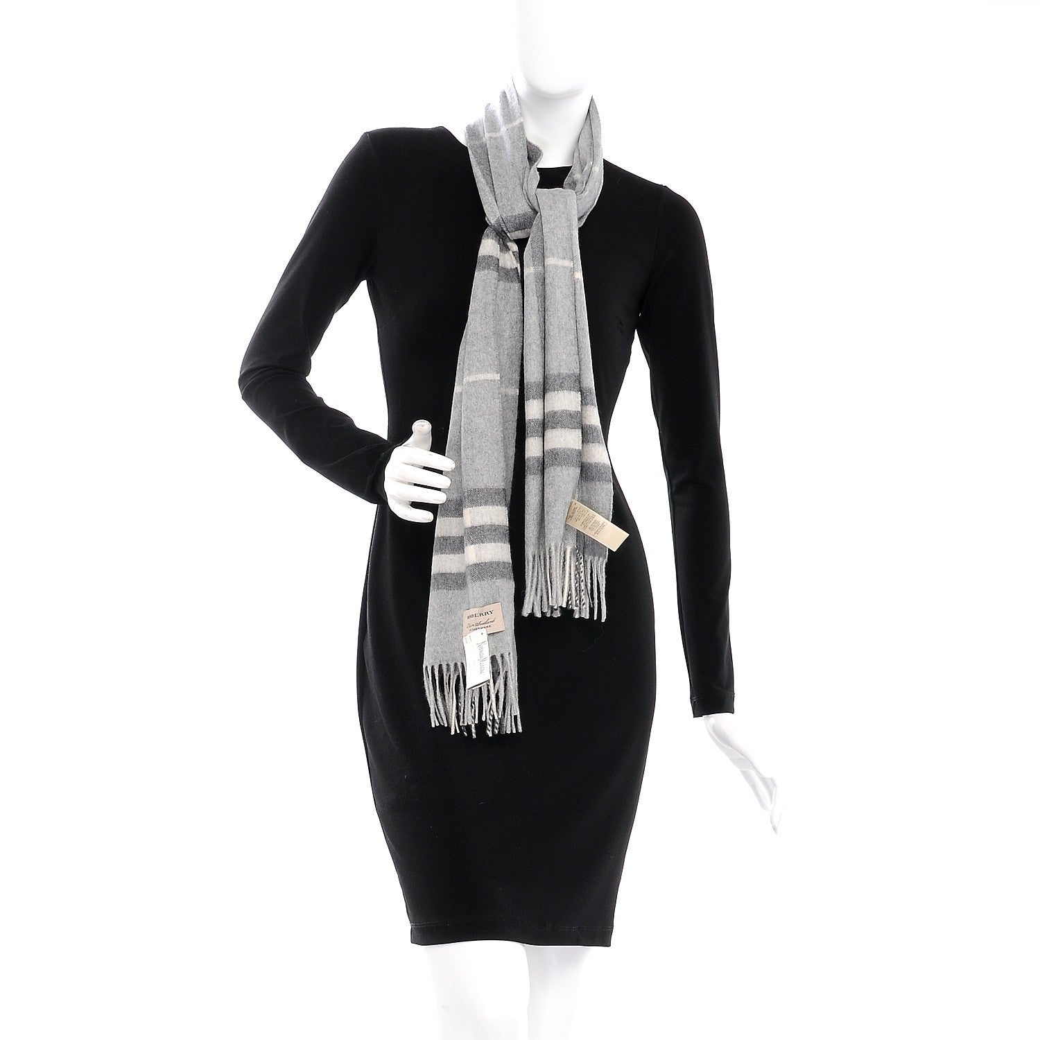 Burberry Cashmere Giant Check Fringe Scarf Pale Grey 2 of 5