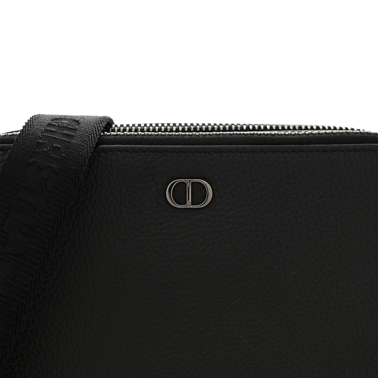 Grained Calfskin CD Icon Zipped Pouch With Strap Black