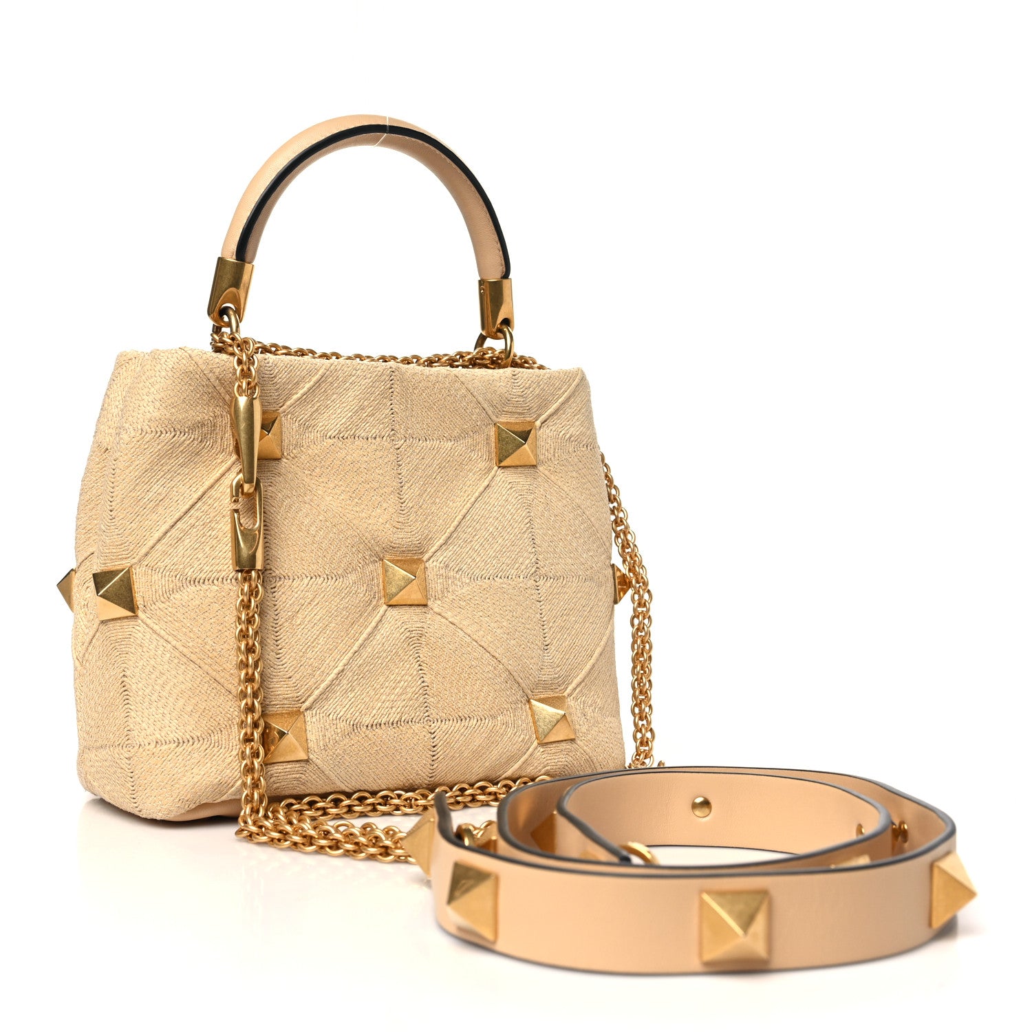 Valentino Garavani Raffia Small Roman Stud The Handle Bag Natural 3 of 9