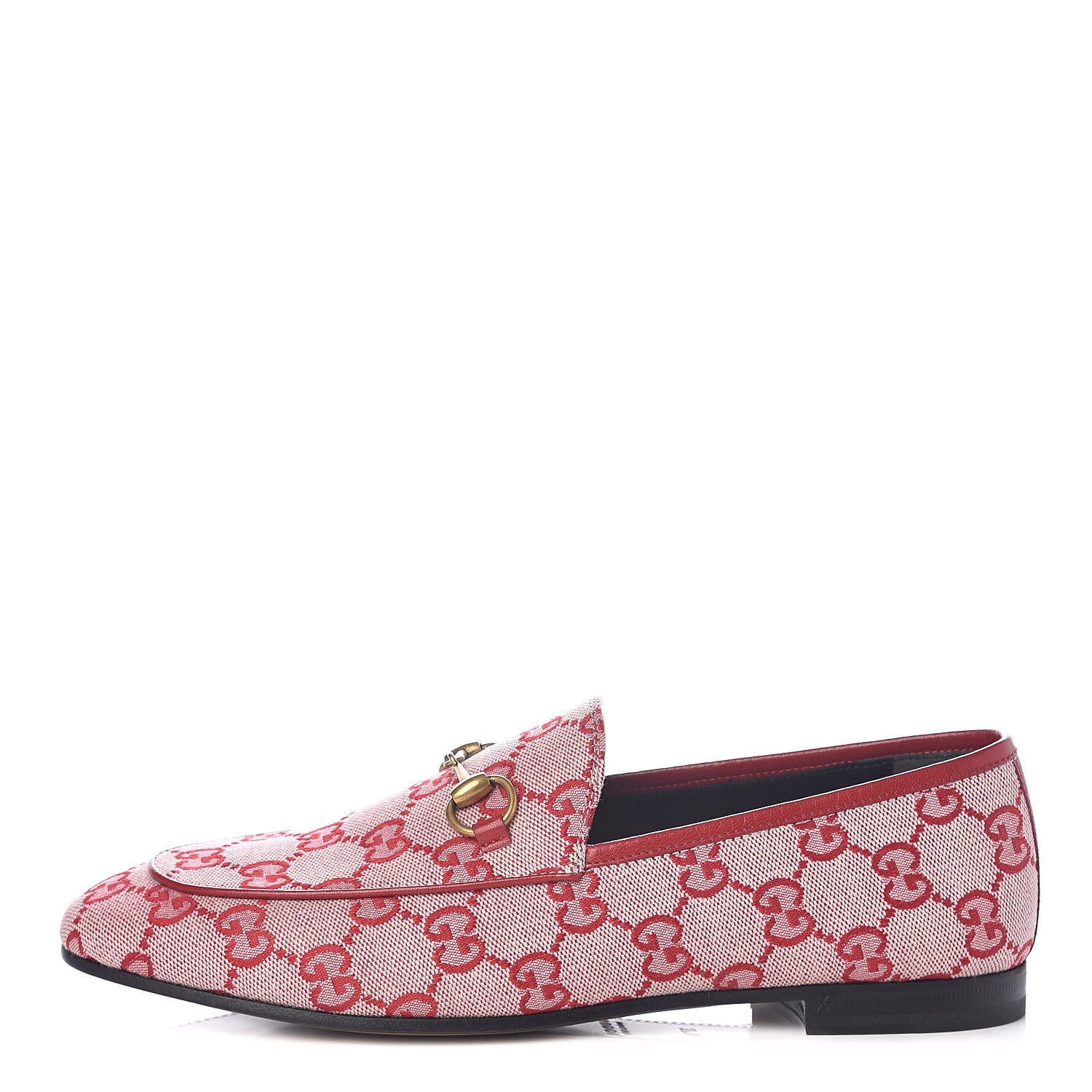 Gucci Canvas GG Monogram Horsebit Womens Jordaan Loafers 37.5 Gardenia Hibiscus Red 1 of 7