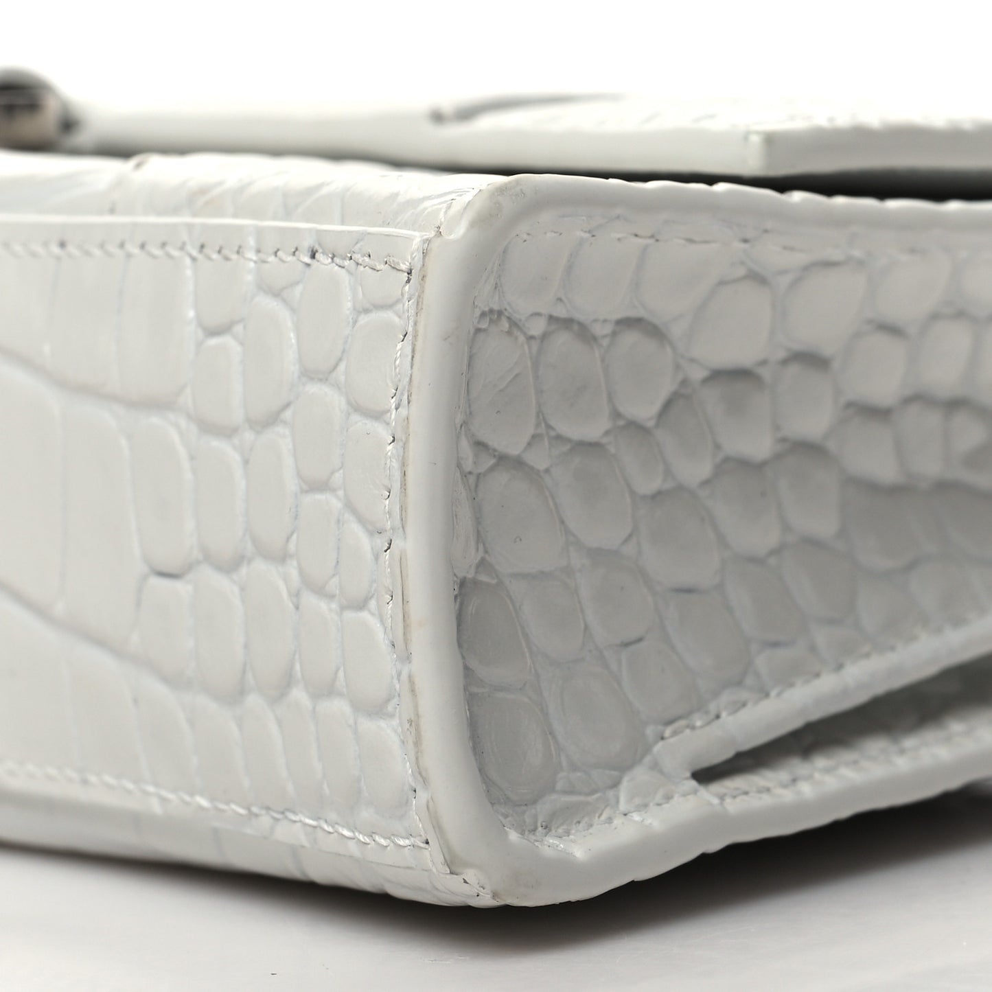 Shiny Calfskin Crocodile Embossed Small Hourglass Evening Chain Bag White