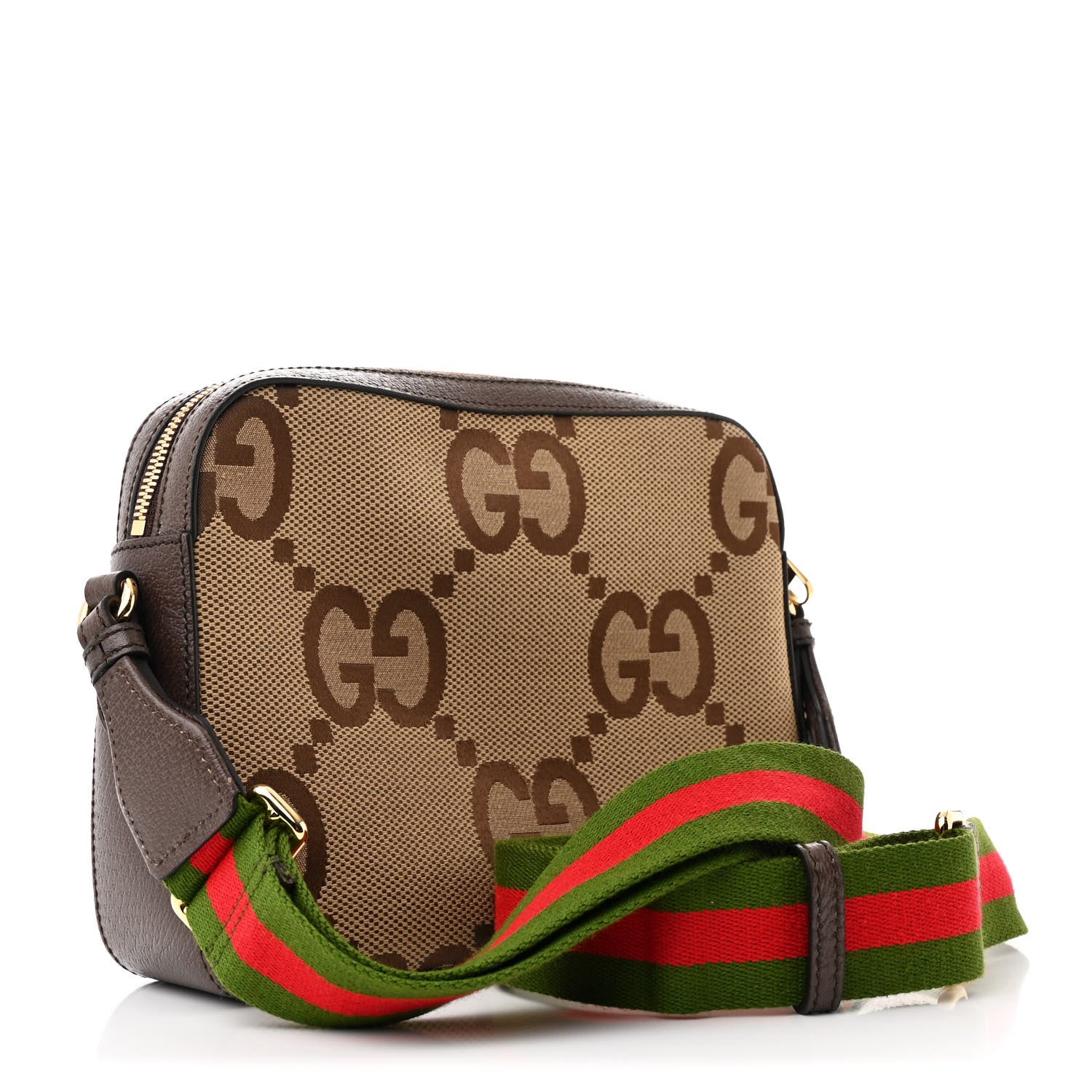 Gucci Monogram Jumbo GG Textured Dollar Calfskin Web Messenger Shoulder Bag Camel Ebony New Acero 3 of 11