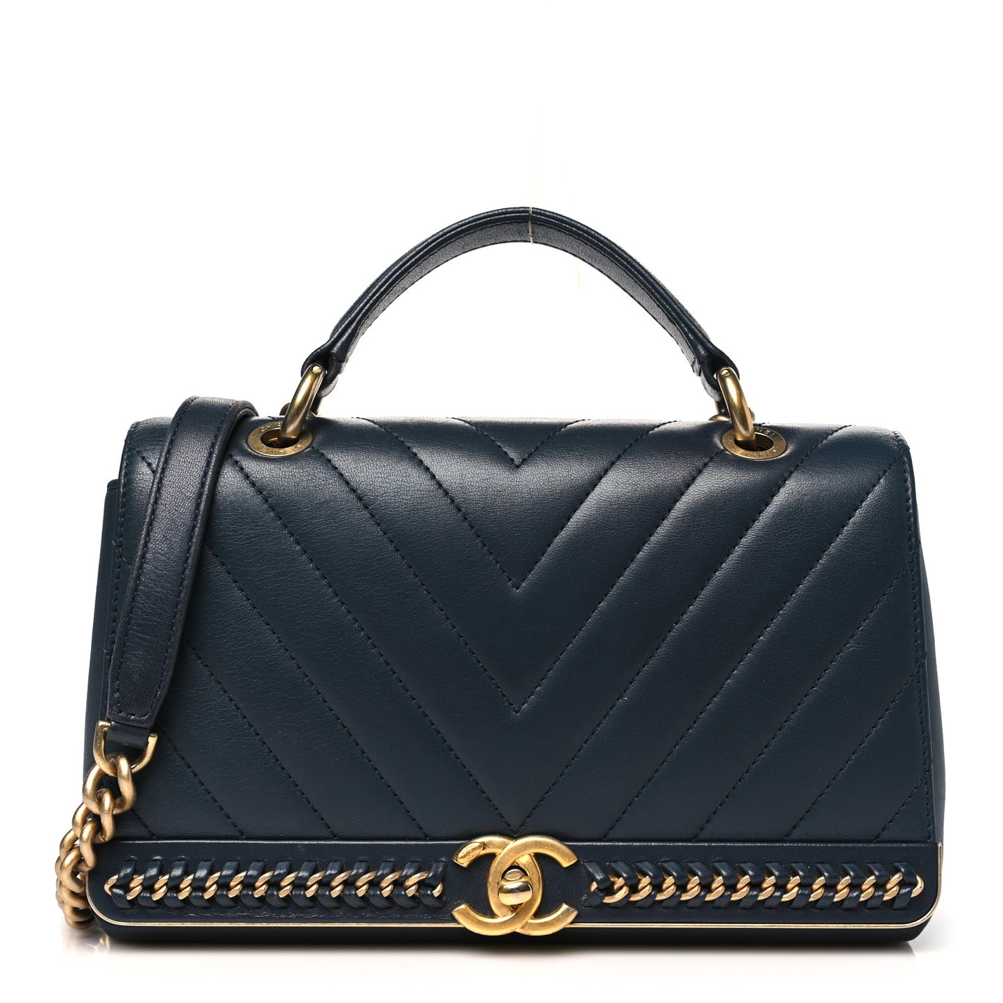 Sheepskin Chevron Stitched Chain Top Handle Flap Blue