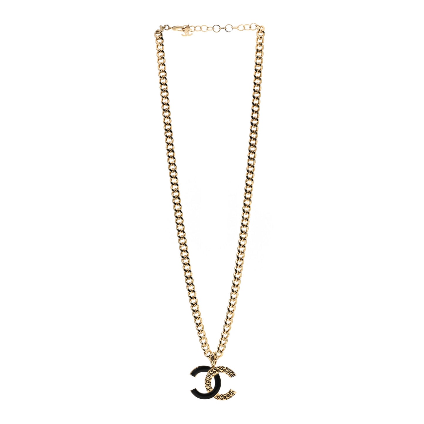 Metal Enamel Quilted CC Chain Necklace Pendant Gold Black