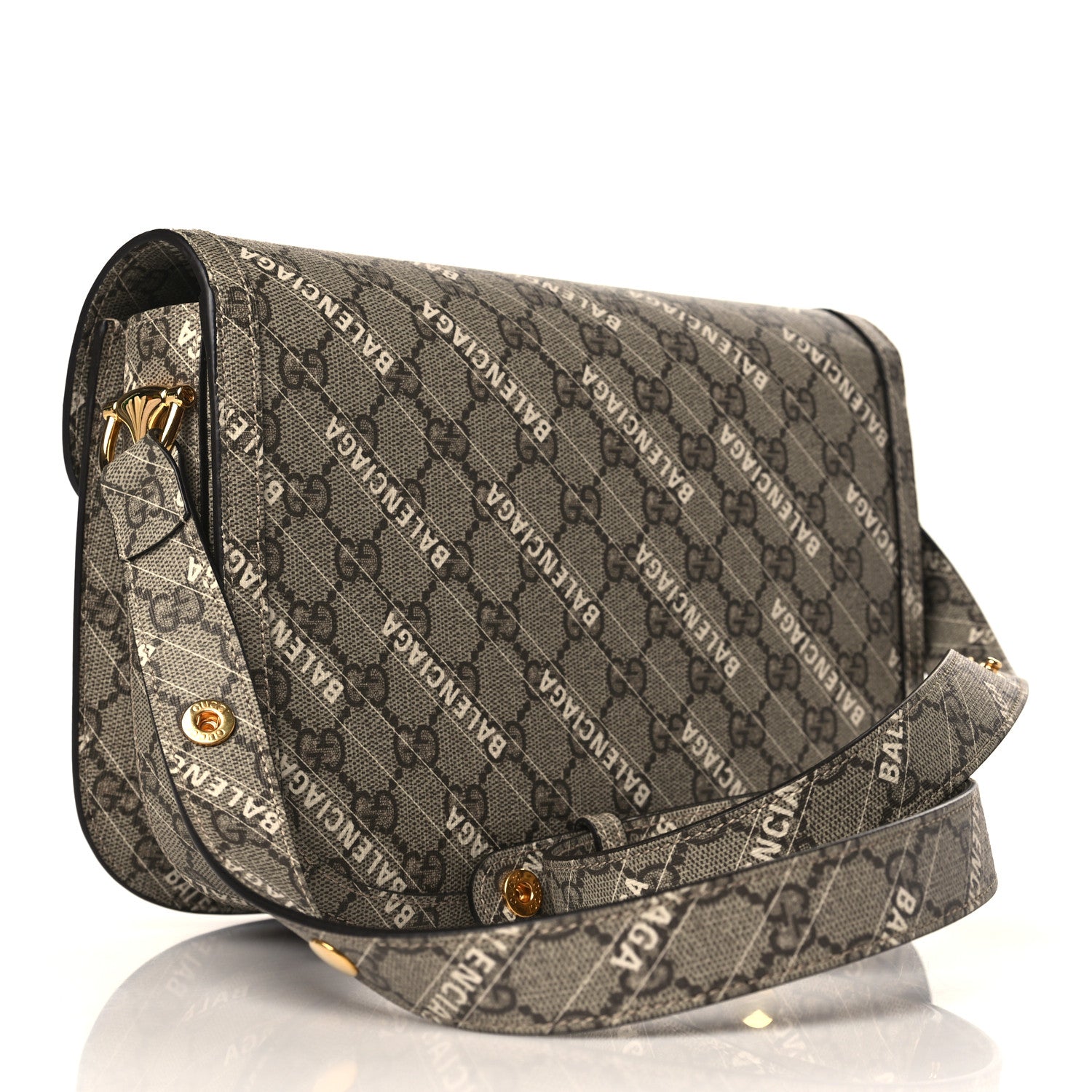 Gucci X BALENCIAGA GG Supreme Monogram Logo Print Horsebit 1955 Shoulder Bag Beige Ebony 3 of 9