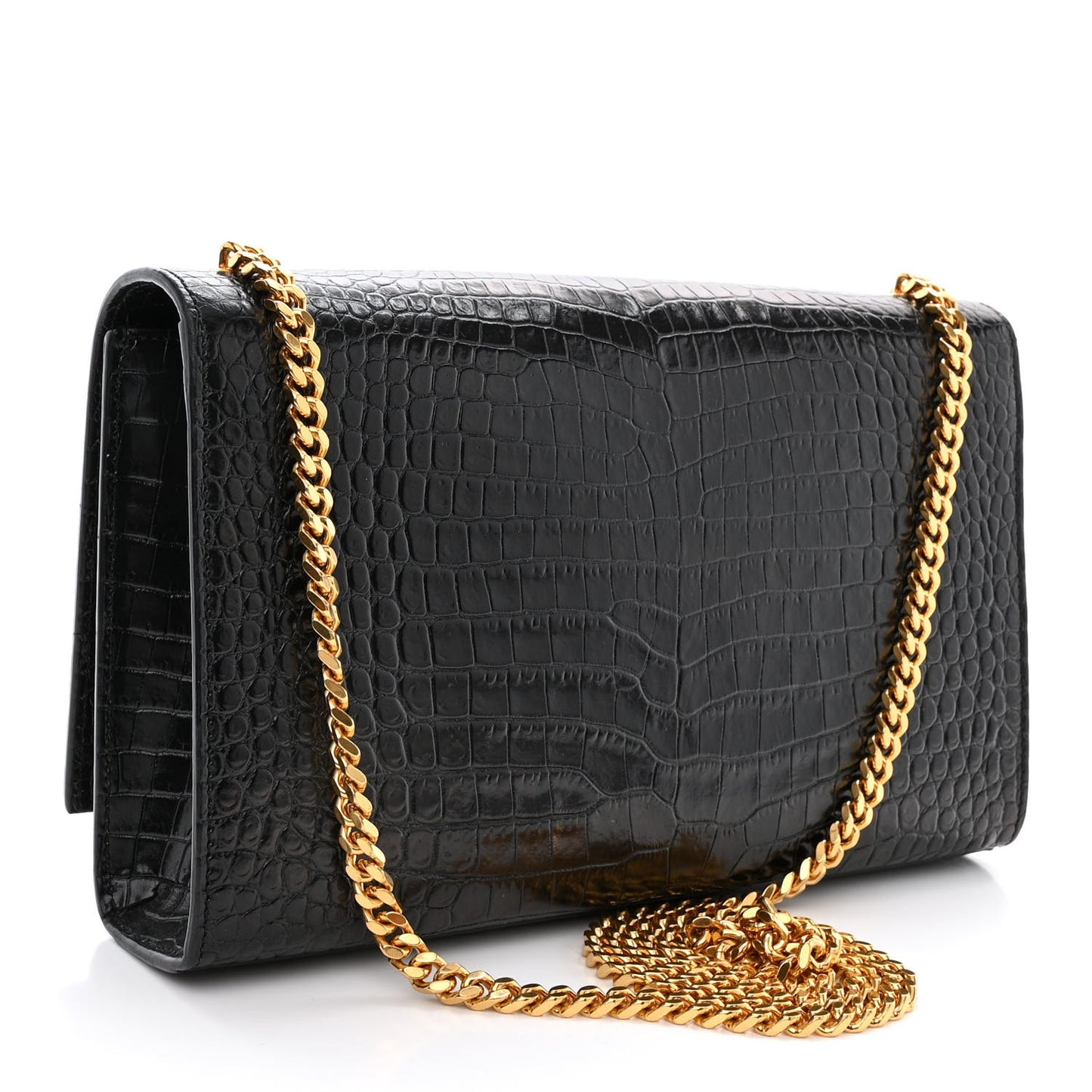 Calfskin Crocodile Embossed Medium Classic Monogram Kate Tassel Satchel Black