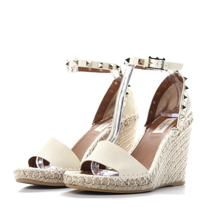 Valentino Garavani Grained Calfskin Rockstud Ankle Strap Espadrille 15/105mm Wedge Sandals 37 Light Ivory Natural 2 of 11