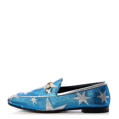 Gucci Lurex Calfskin Starry Sky Womens Jordaan Loafers 39.5 Bluette Silver 1 of 10