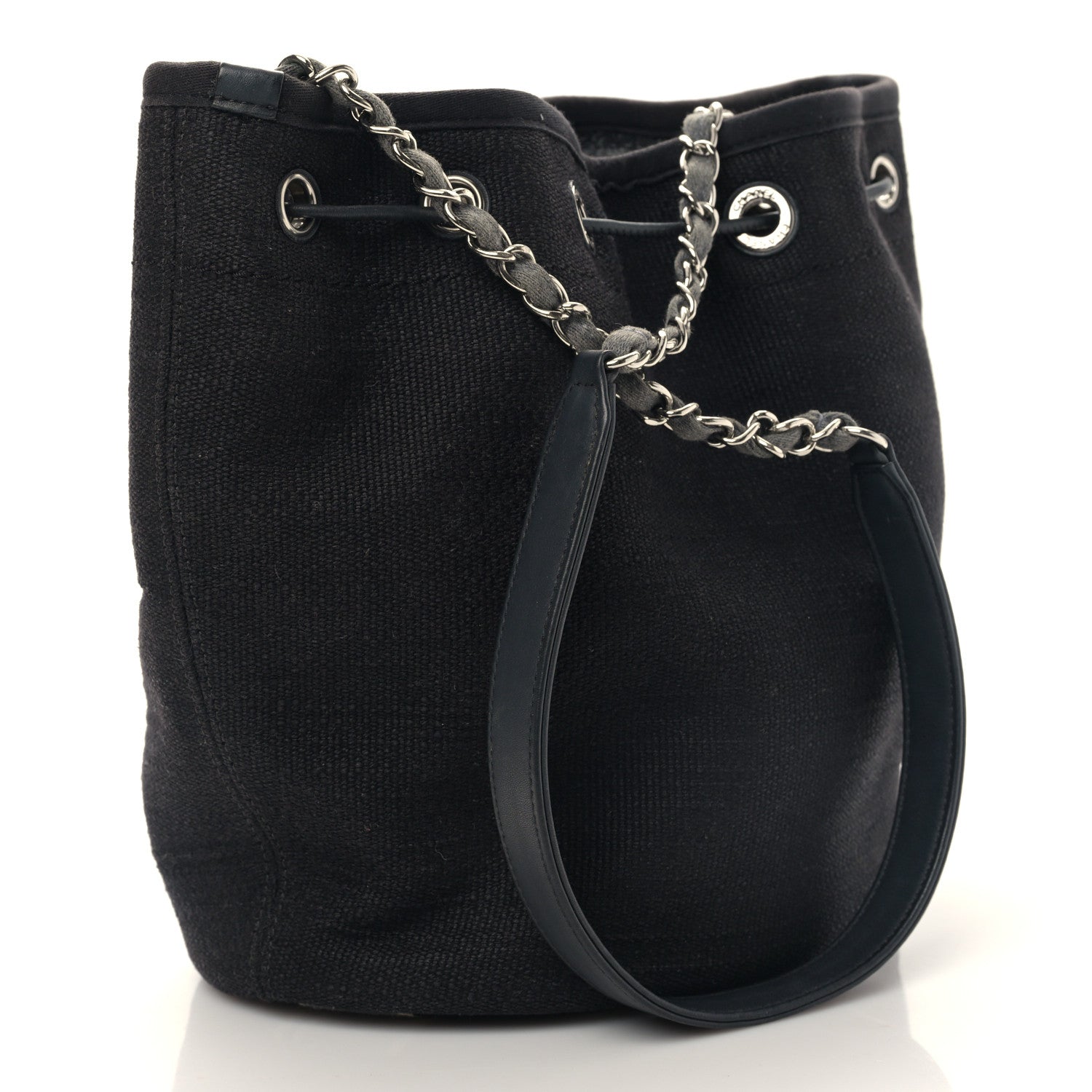 Chanel Striped Canvas Deauville Drawstring Bag Gray Black 3 of 9