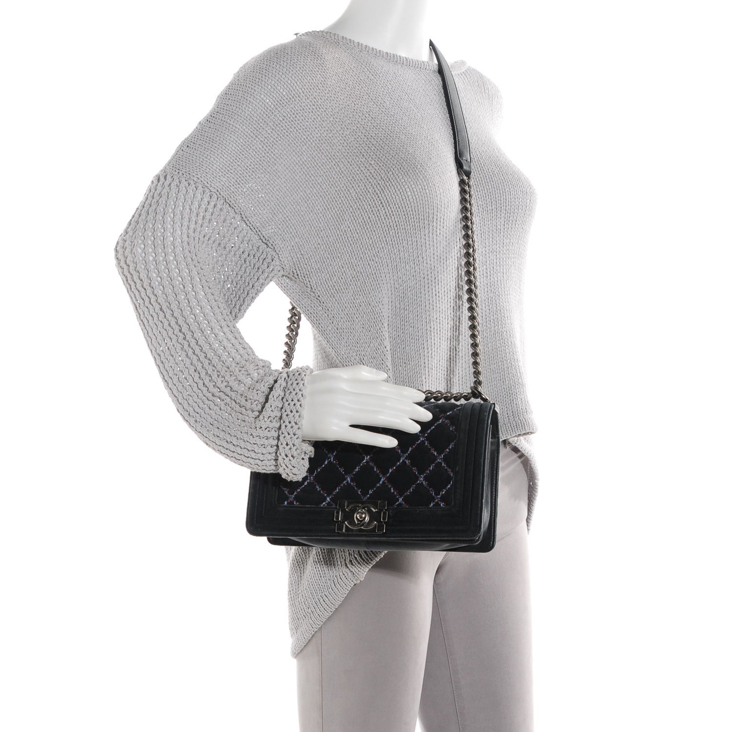 Chanel Velvet Tweed Quilted Medium Boy Flap Dark Grey 2 of 8