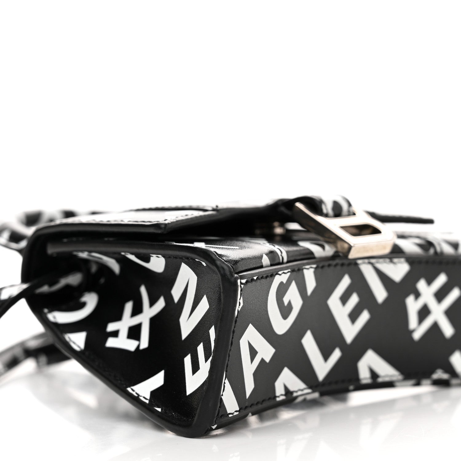 Balenciaga Smooth Calfskin Allover Logo Print Hourglass Top Handle Bag Mini Black White 9 of 11