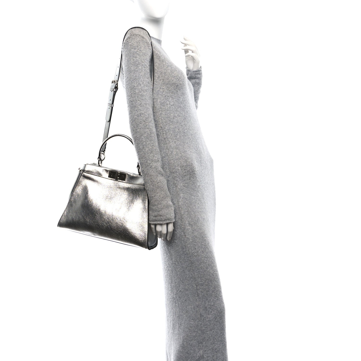 Fendi Vitello Catalan Mirror Medium Peekaboo Iconic Satchel Argento 2 of 17