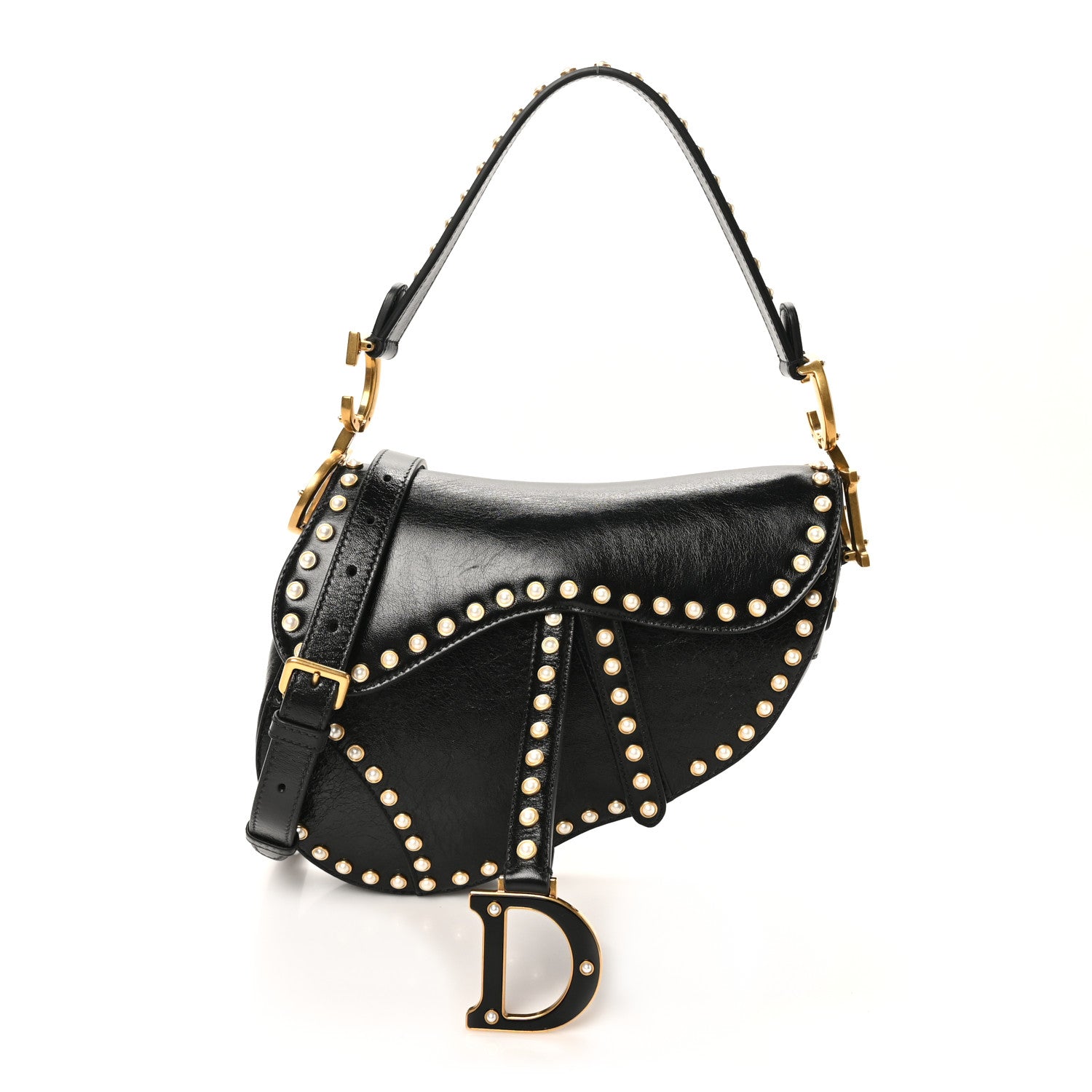 Christian Dior Crinkled Patent Lambskin Studded Saddle Bag With