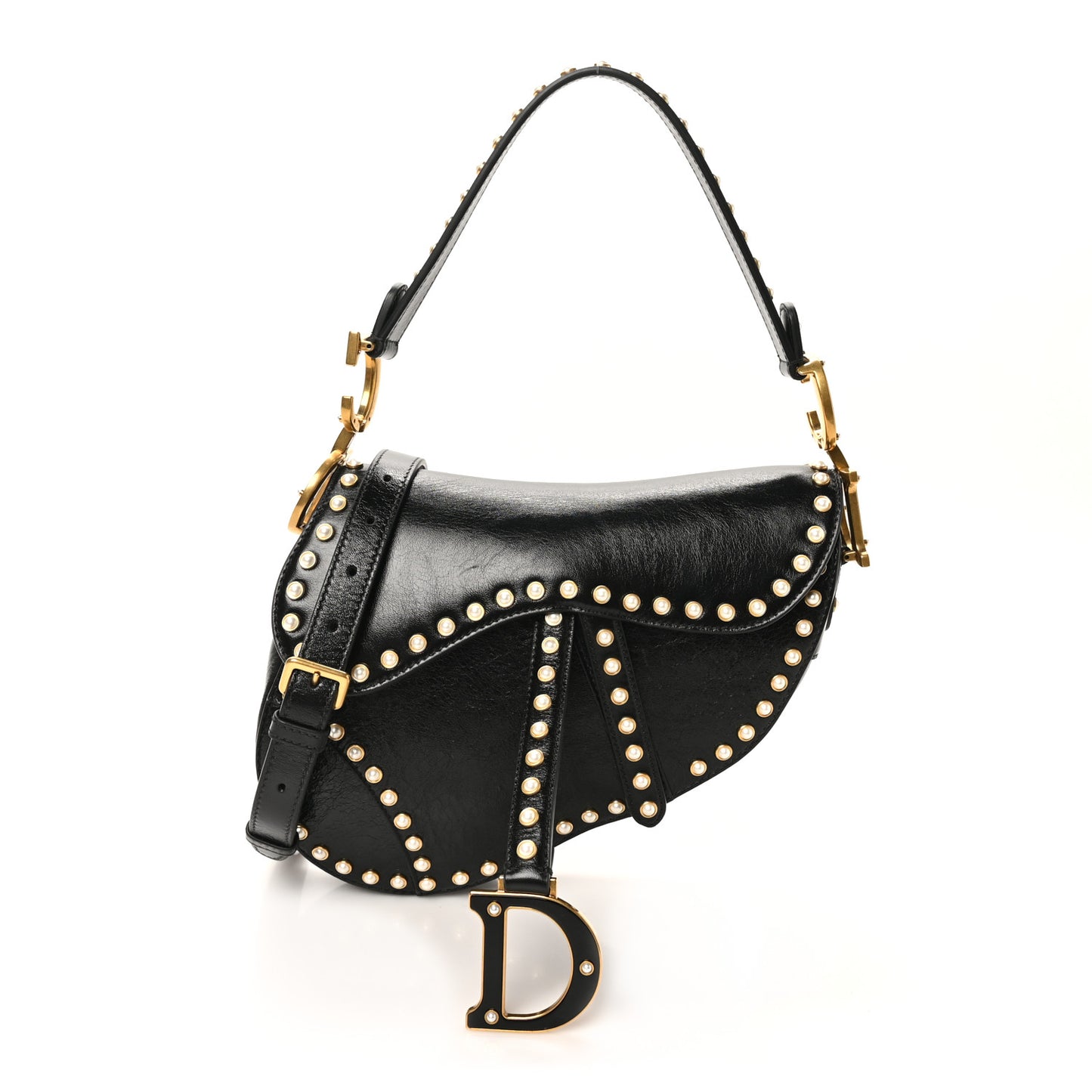 Crinkled Patent Lambskin Studded Saddle Bag With Strap Black
