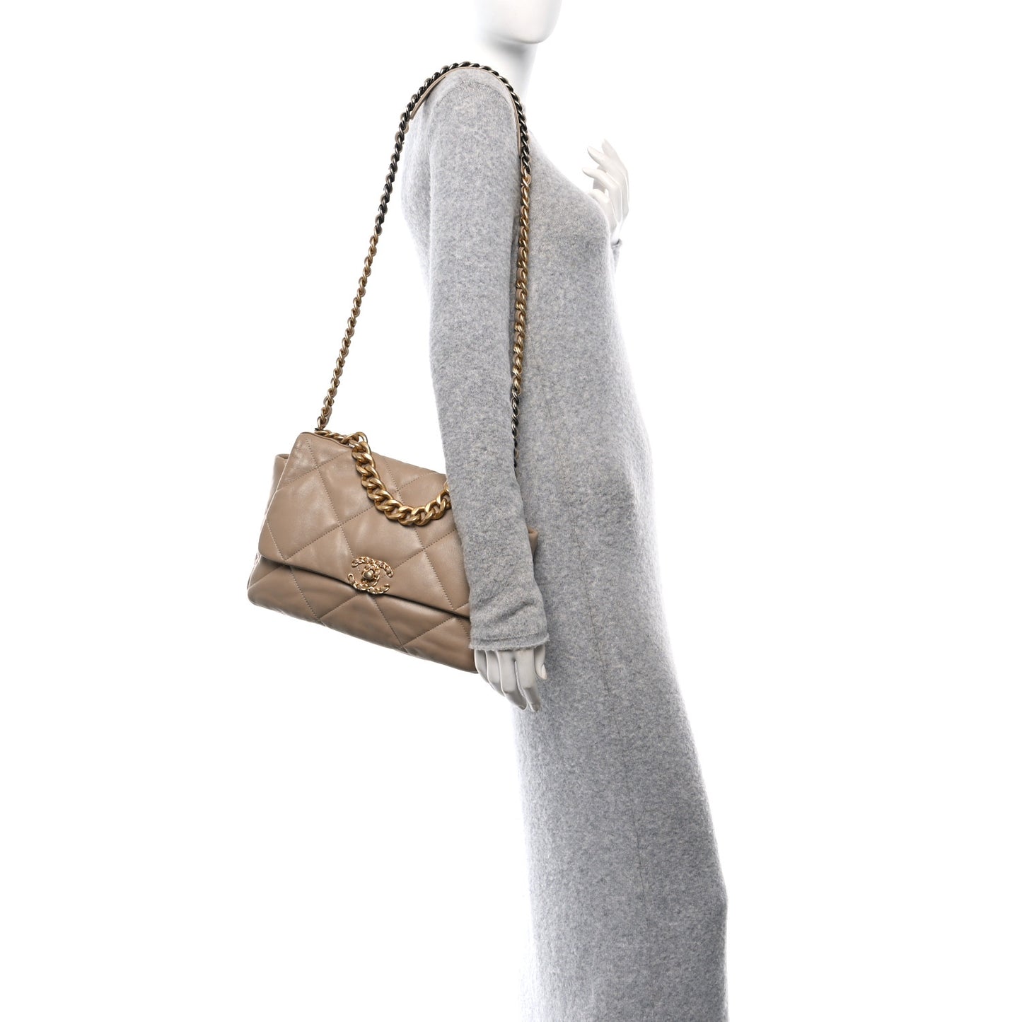 Lambskin Quilted Large Chanel 19 Flap Dark Beige