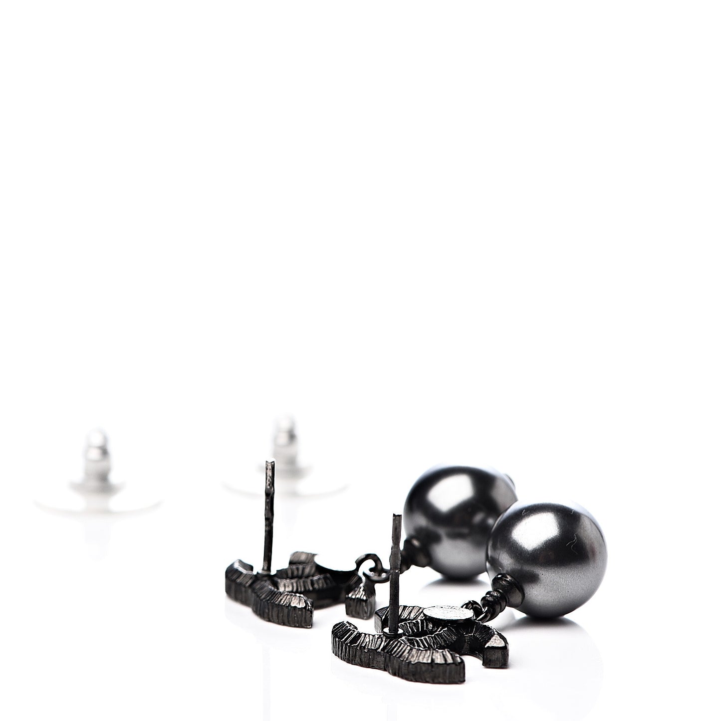 Ruthenium Pearl Crystal Baguette CC Drop Earrings Silver Grey