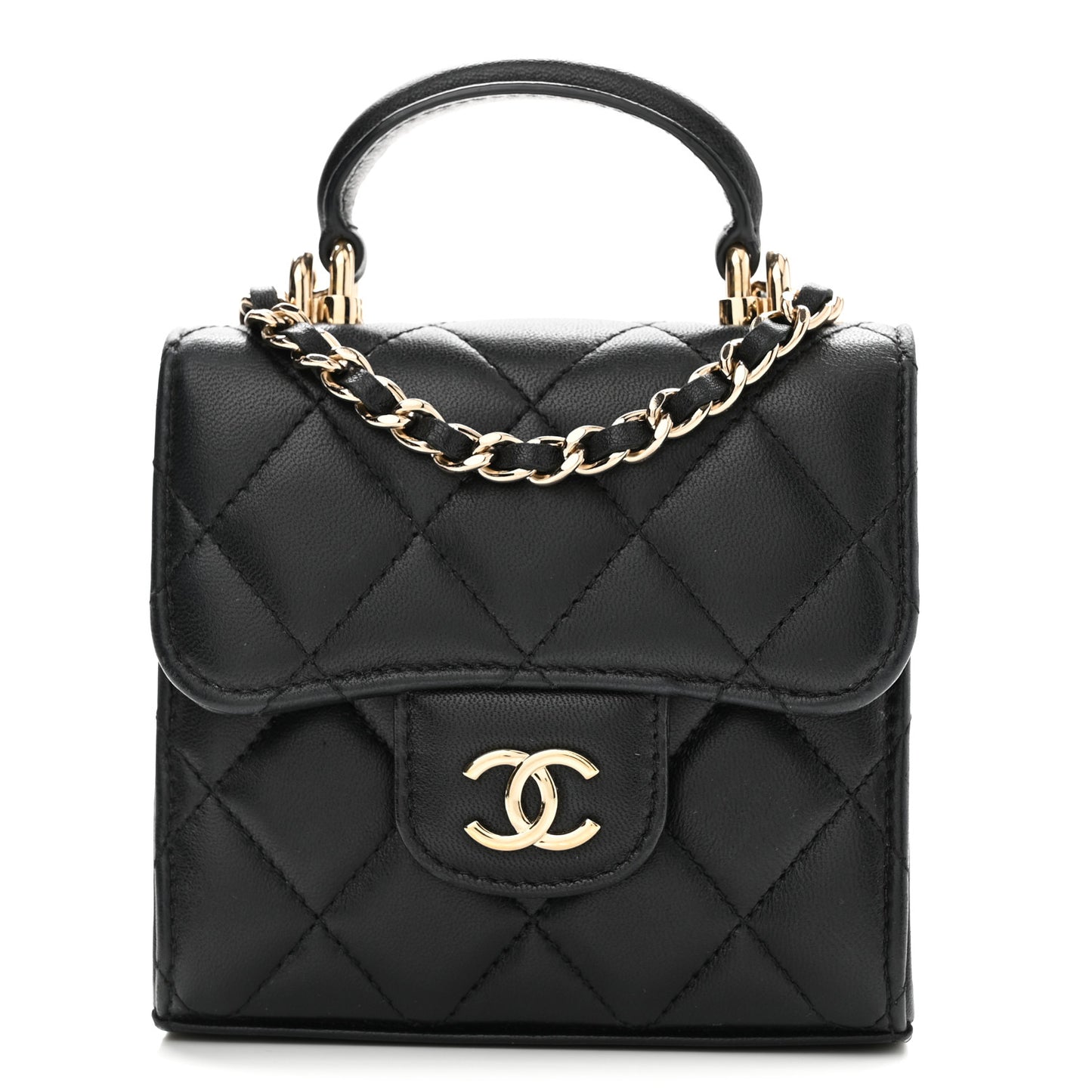 Lambskin Quilted Top Handle Flap Clutch With Chain Black