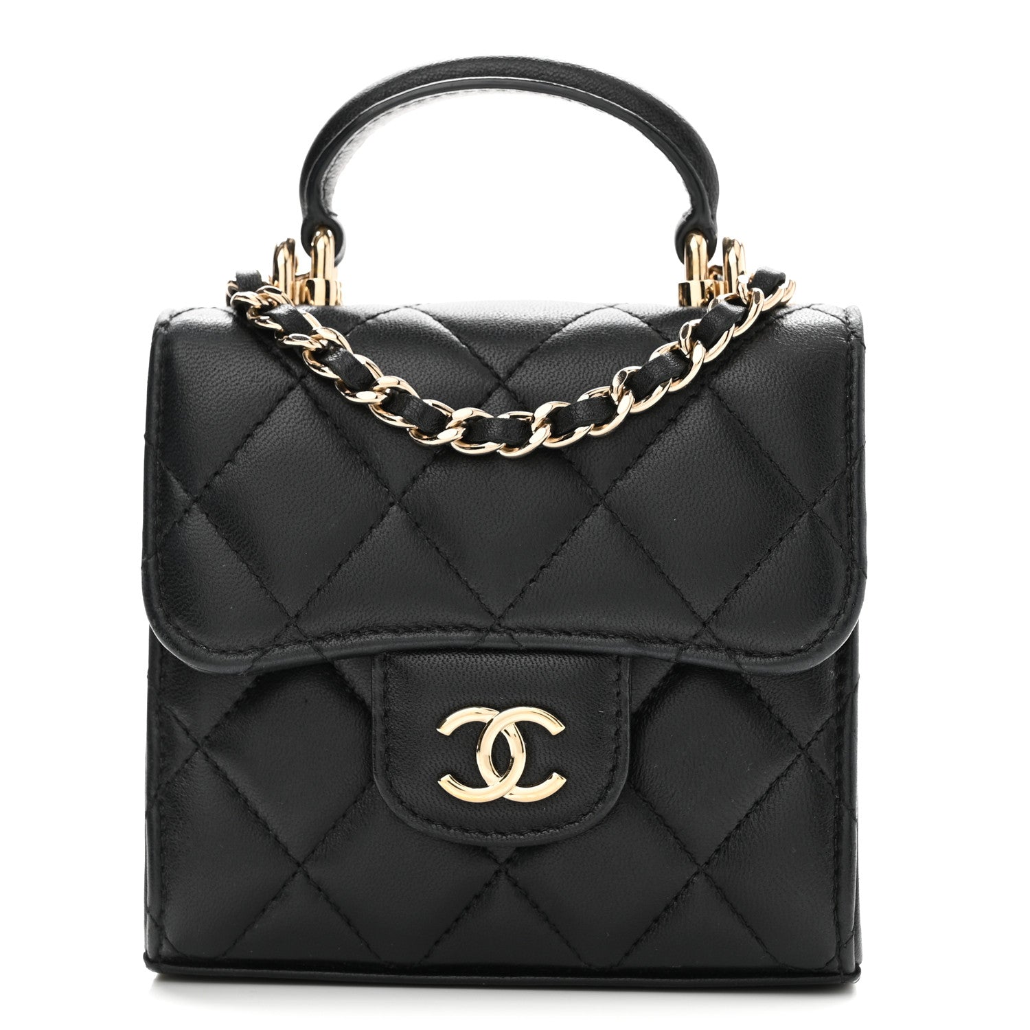 Chanel Lambskin Quilted Top Handle Flap Clutch With Chain Black 8 of 10