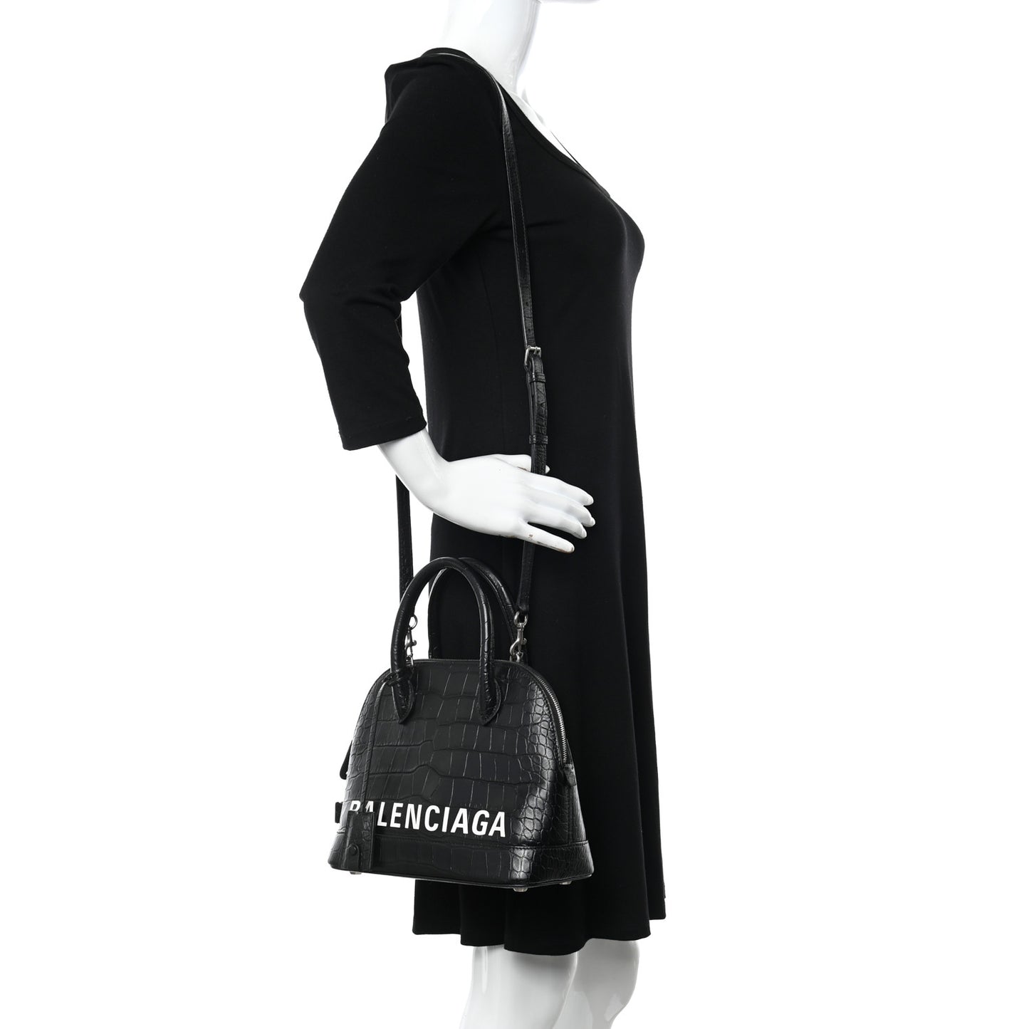 Calfskin Logo Crocodile Embossed S Ville Top Handle Bag Black White