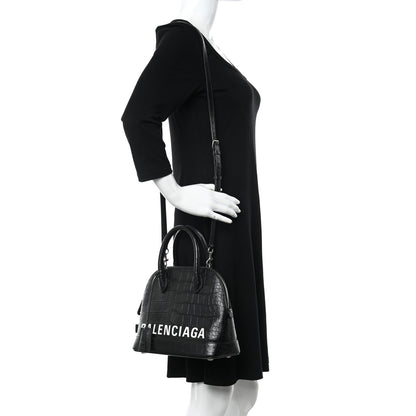 Balenciaga Calfskin Logo Crocodile Embossed S Ville Top Handle Bag Black White 2 of 22