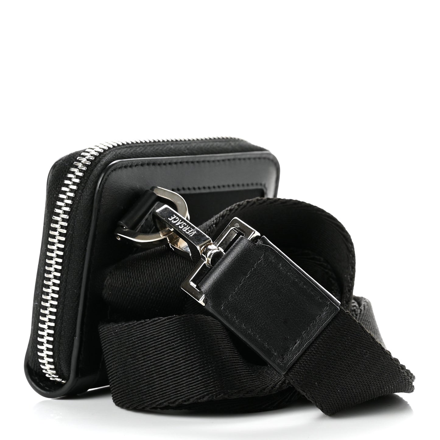 Calfskin Nylon La Medusa Zip Around Lanyard Wallet Black