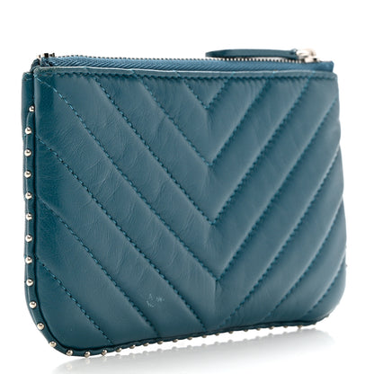 Chanel Lambskin Chevron Quilted Studded Small Cosmetic Case Blue 3 of 8
