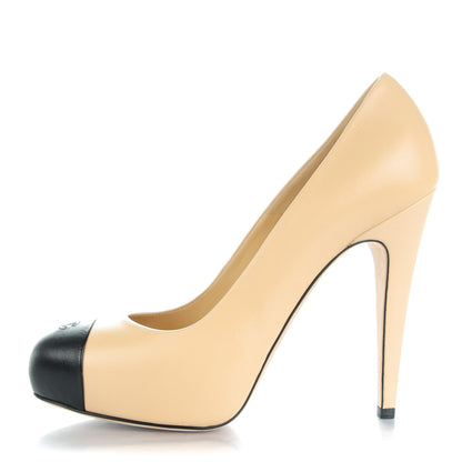 Chanel Lambskin Cap Toe Pumps 38.5 Beige Black 1 of 8