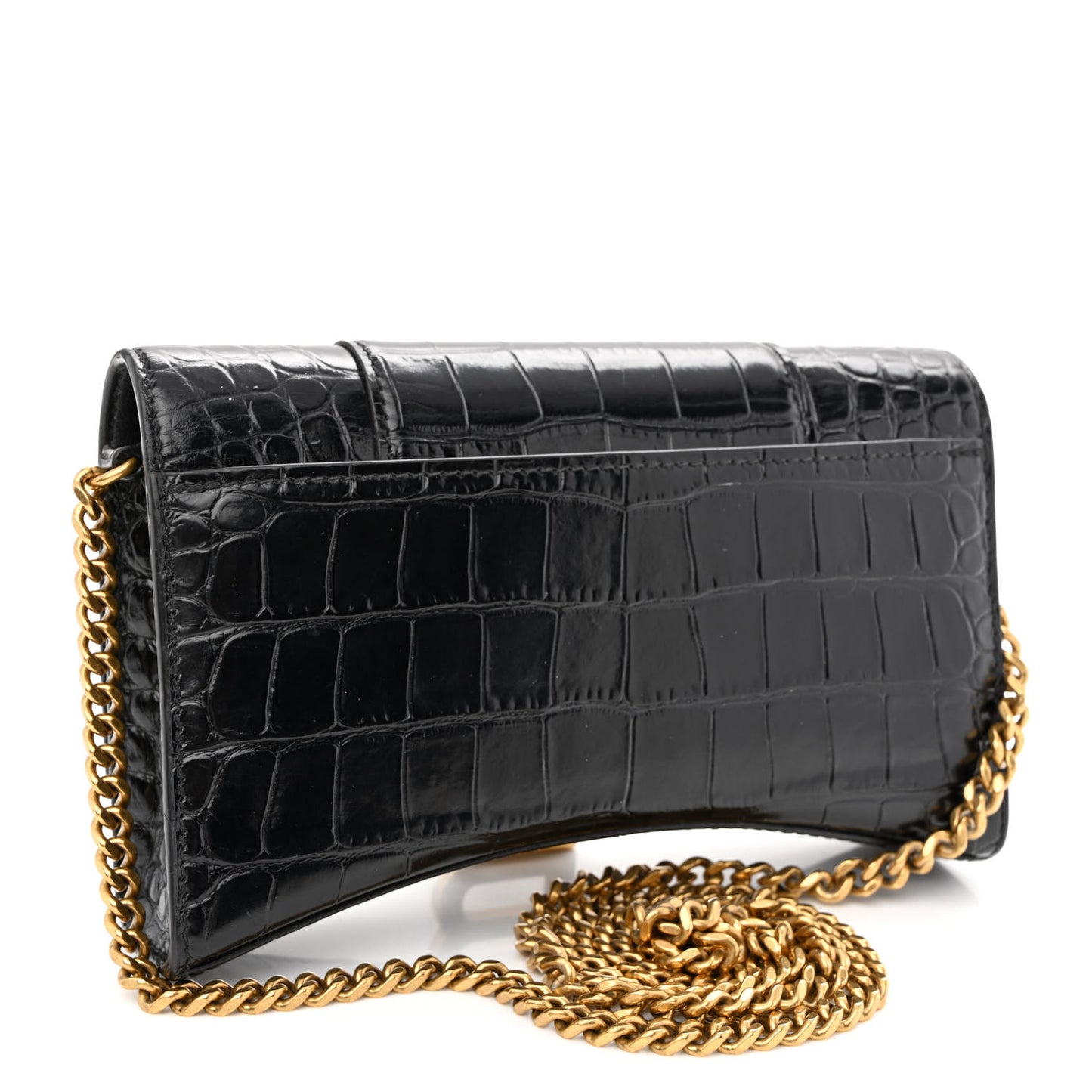 Shiny Calfskin Crocodile Embossed Hourglass Chain Bag Black