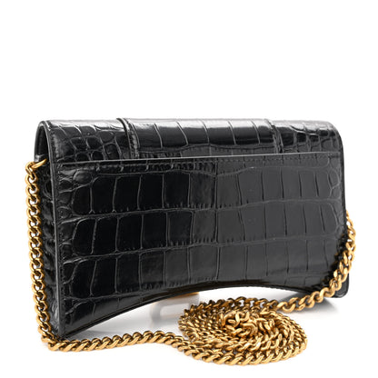 Balenciaga Shiny Calfskin Crocodile Embossed Hourglass Chain Bag Black 3 of 11