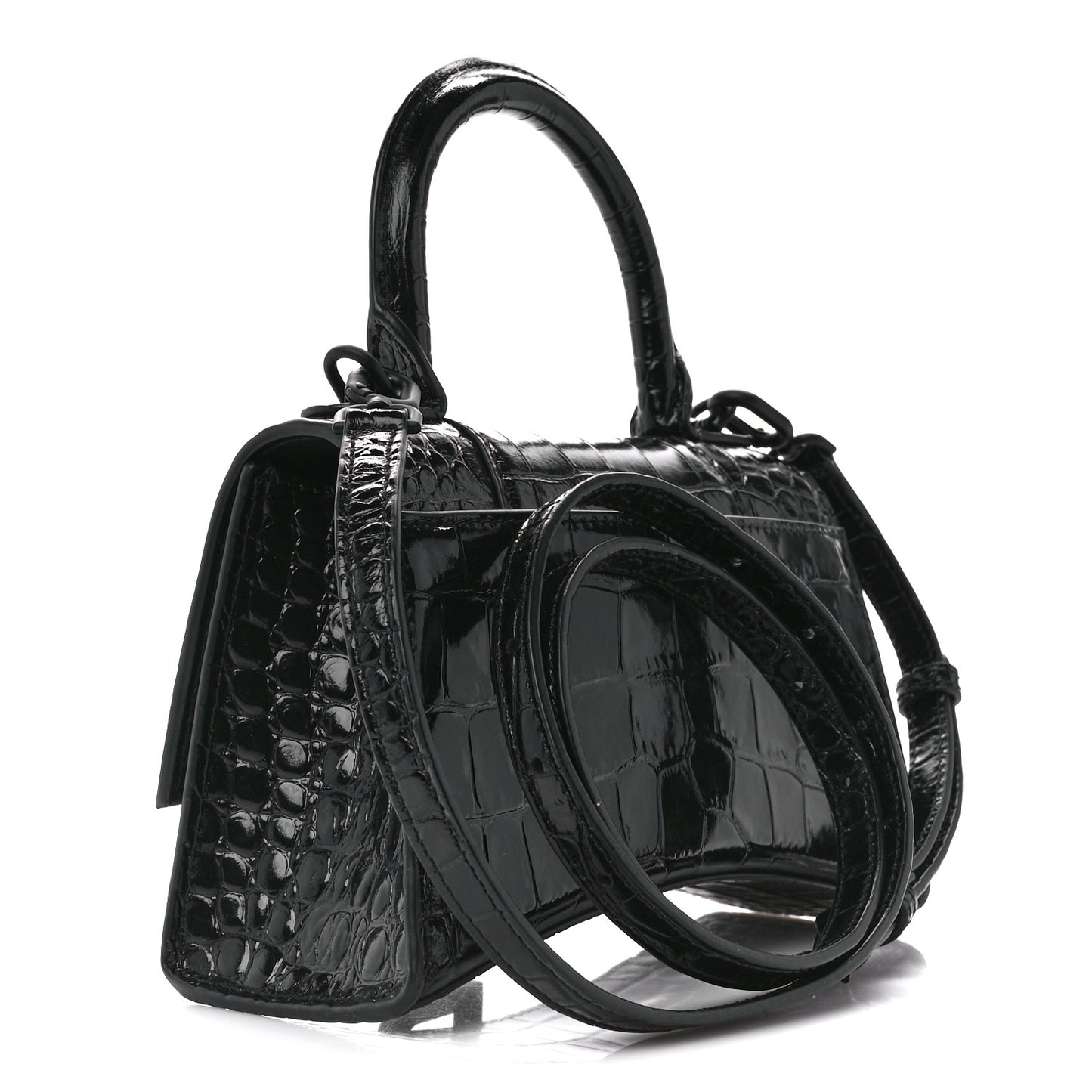 Shiny Calfskin Monochrome Crocodile Embossed Hourglass Top Handle Bag XS Black