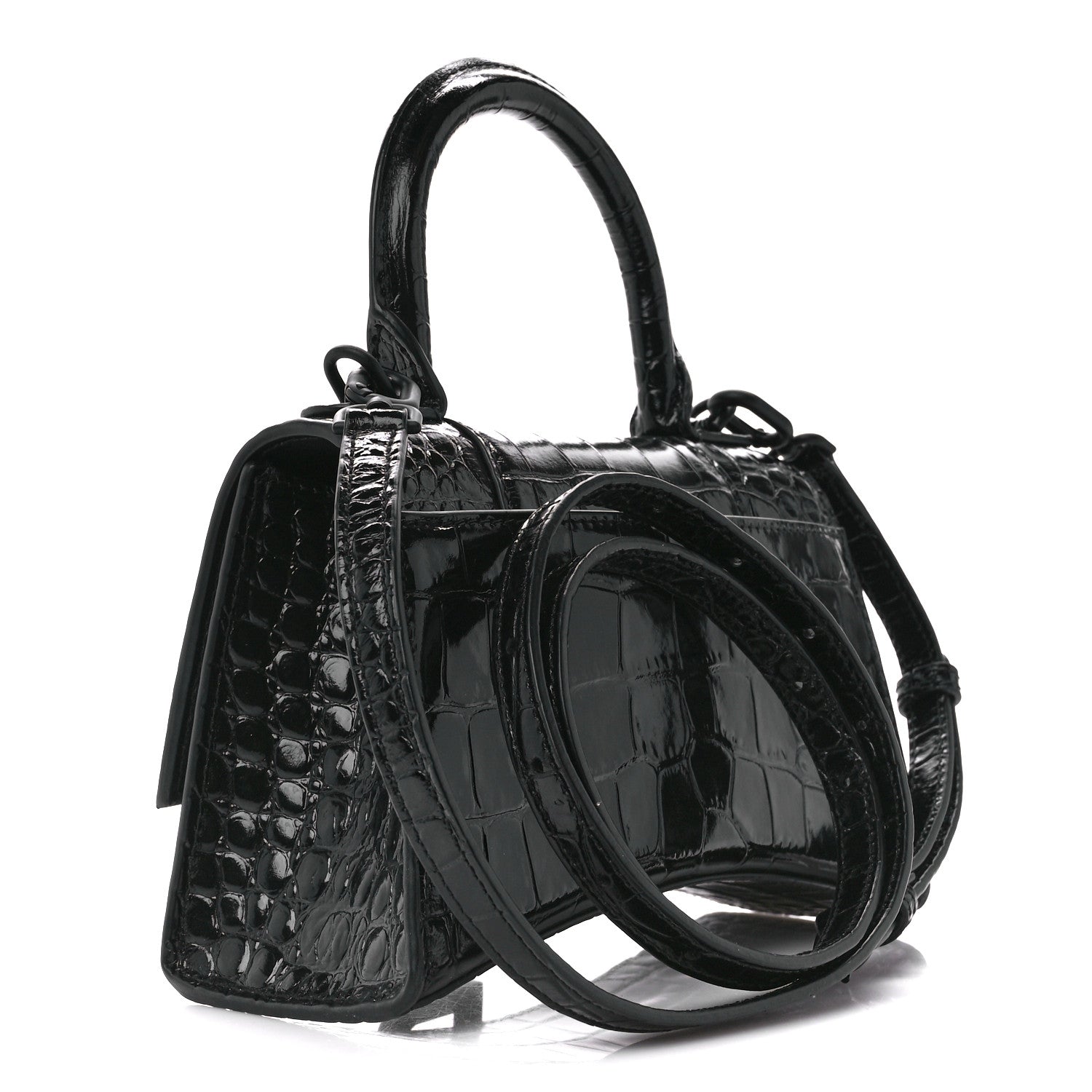 Balenciaga Shiny Calfskin Monochrome Crocodile Embossed Hourglass Top Handle Bag XS Black 3 of 10
