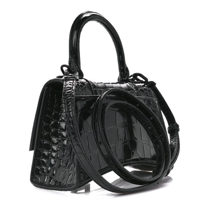 Balenciaga Shiny Calfskin Monochrome Crocodile Embossed Hourglass Top Handle Bag XS Black 3 of 10