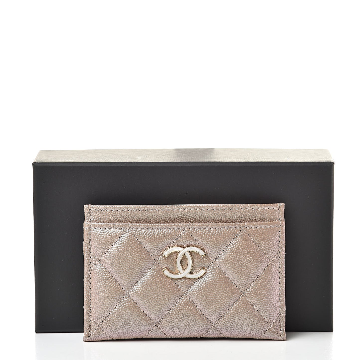 Iridescent Caviar Quilted Card Holder Beige