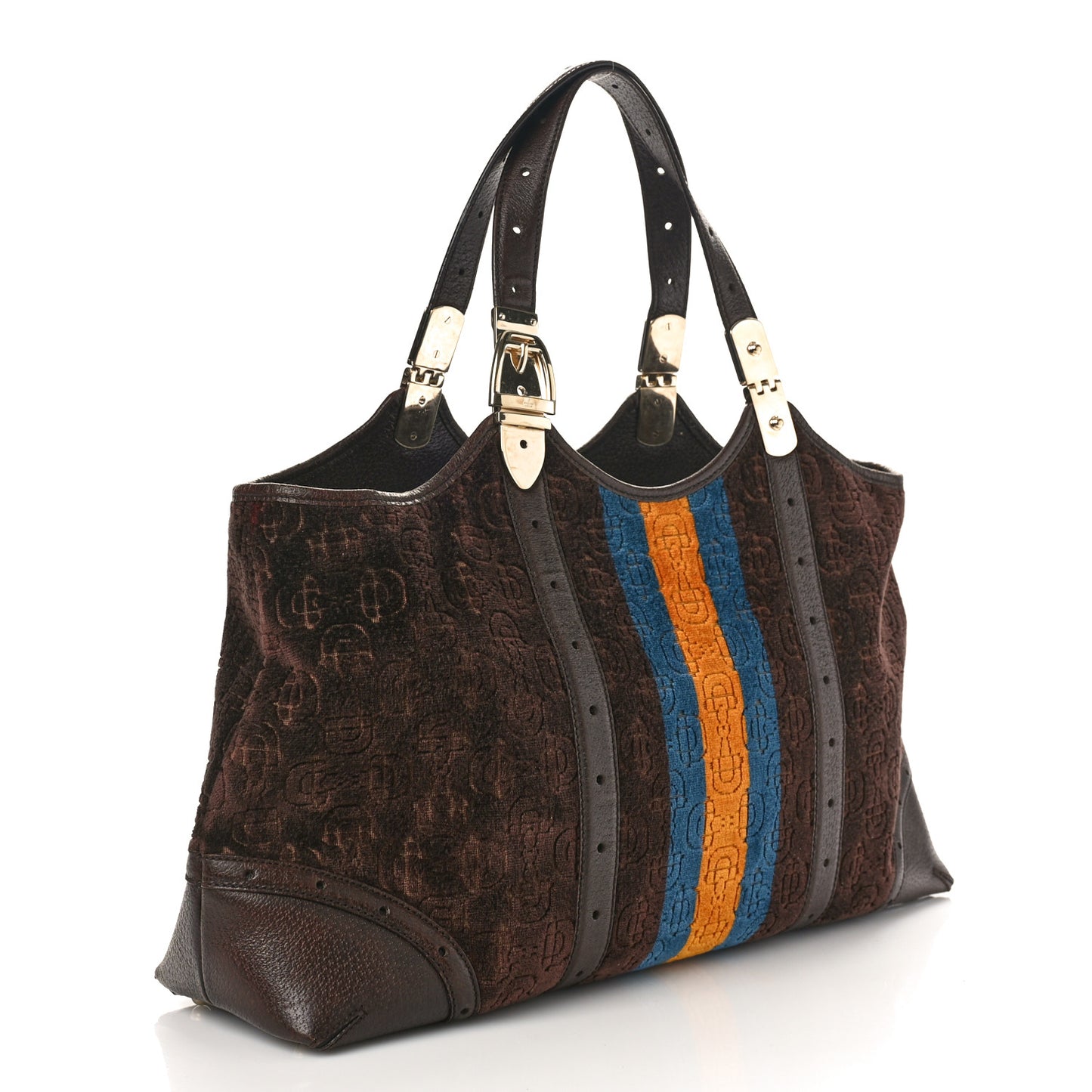 Velvet Horsebit Embossed Large Glam Shoulder Bag Brown Multicolor