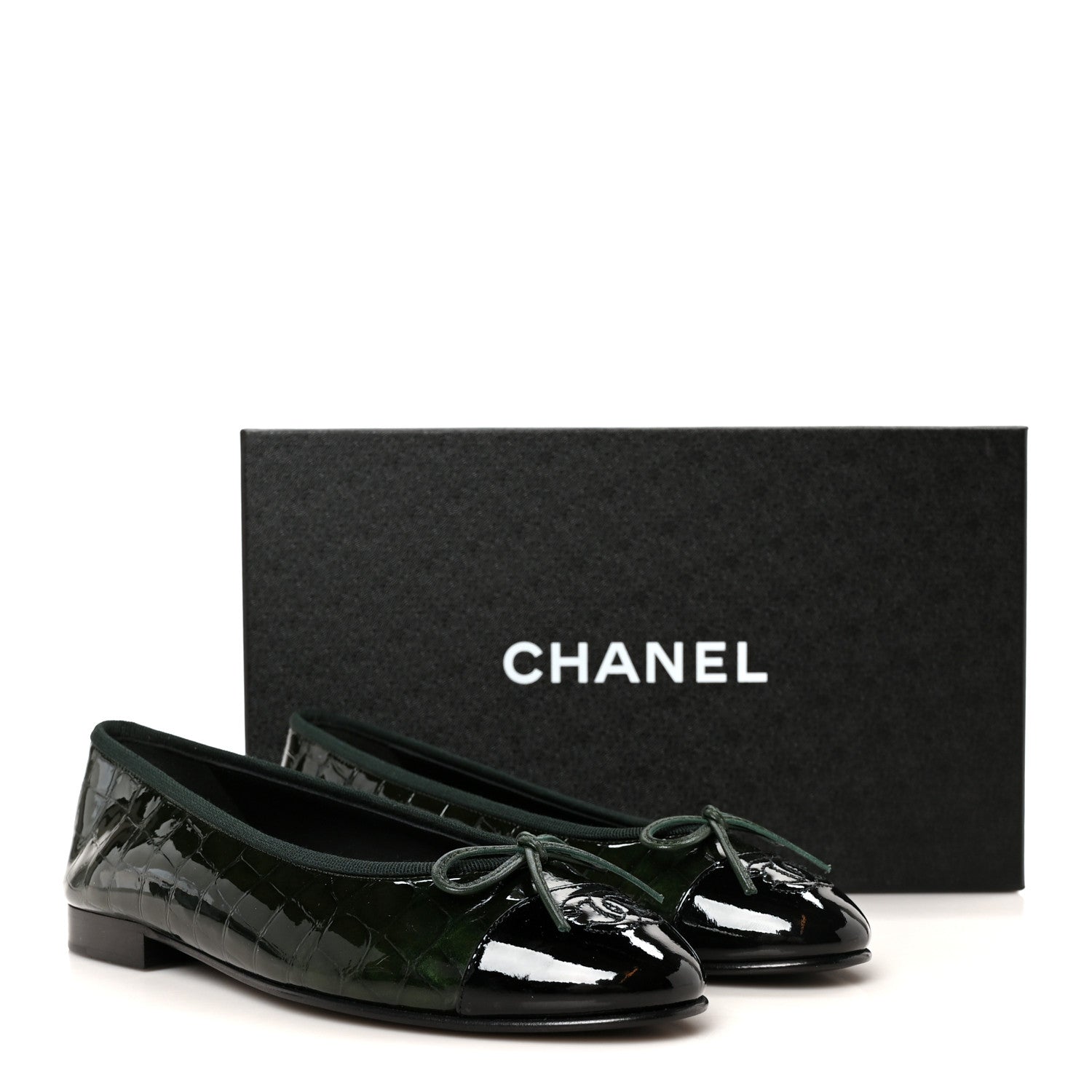 Chanel Patent Calfskin Crocodile Embossed Ballerina Flats 36.5 Dark Green Black 10 of 10